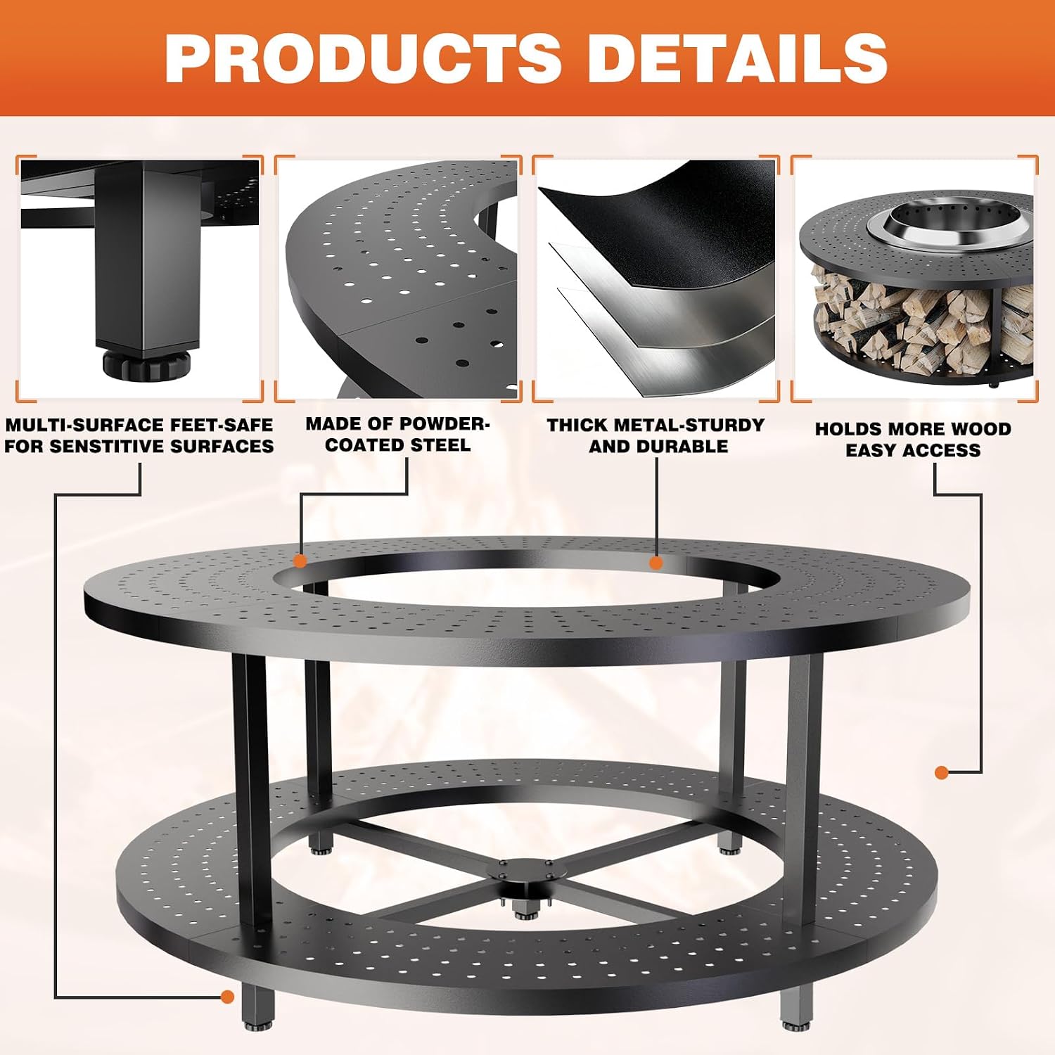 Fire Pit Surround Tabletop for Solo Stove Bonfire 1.0&2.0,Ranger 1.0&2.0, 41' Fire Pit Surround Tabletop with Wood Storage Shelf,Powder-Coated Steel Surround Tabletop with Extra Space and Raised Stand