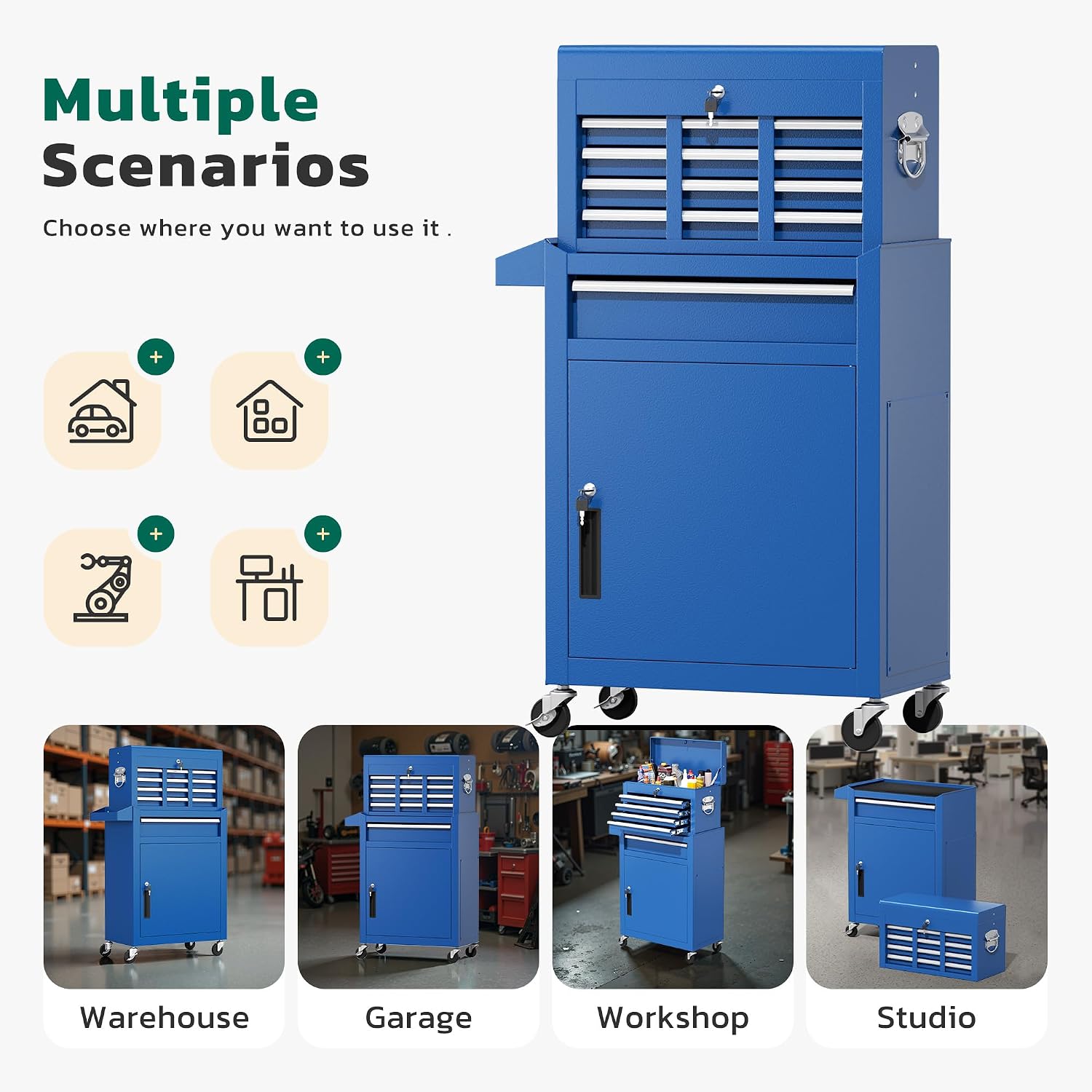 Greenvelly Tool Chest, 5-Drawer Rolling Tool Chest with Hooks and Lockable Wheels, Detachable Top Tool Box, Toolbox with Wheels, Rolling Tool Box for Mechanics Garage Workshop and Tool Room (Blue)