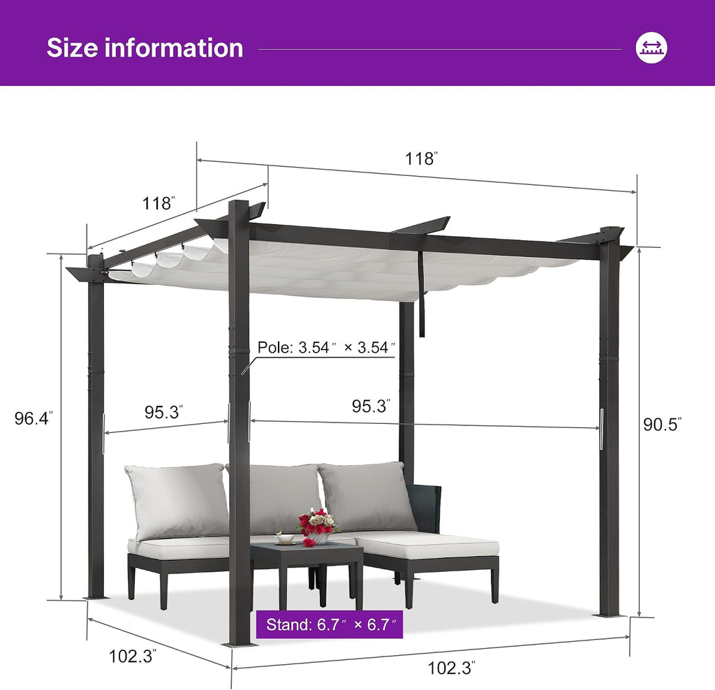 PURPLE LEAF 10' x 10' Aluminum Outdoor Pergola Wind-Resistant Retractable Pergola with Double Sun Shade Canopy Heavy-Duty Metal Pergola for Patios Backyard Deck Garden, White