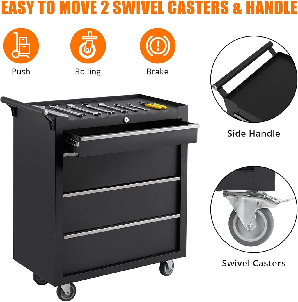 4-Drawer Rolling Tool Chest on Wheels, 24 Inch Compartment Tool Box with Drawers & Lock, Metal Tool Cart Storage Cabinet for Garage, Warehouse, Workshop, Repair Shop