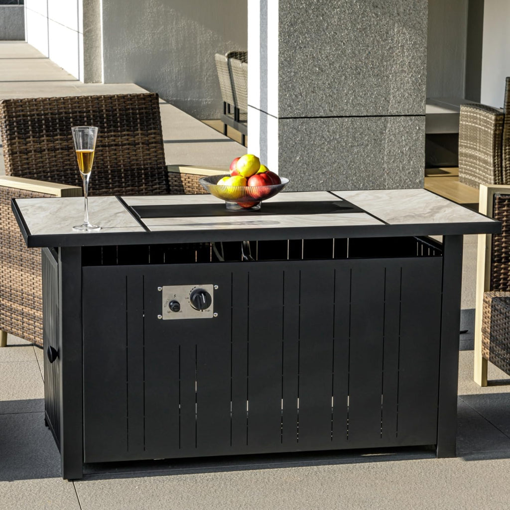 OutVue 47' Propane Fire Pit Table with Real Ceramic Tabletop, 50000 BTU Gas Firepit Table with Lid & Lava Stones, Outdoor Fire Pit for Dining or Party, Firepit for Outside, Patio