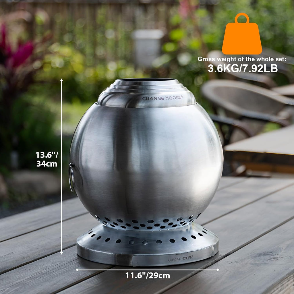 CHANGE MOORE 13.8' Smokeless Fire Pit with 304 Stainless Steel Grill, Portable Spherical Wood Burning Firepit for Backyard, Firepit Set Includes Grill & Fire Poker