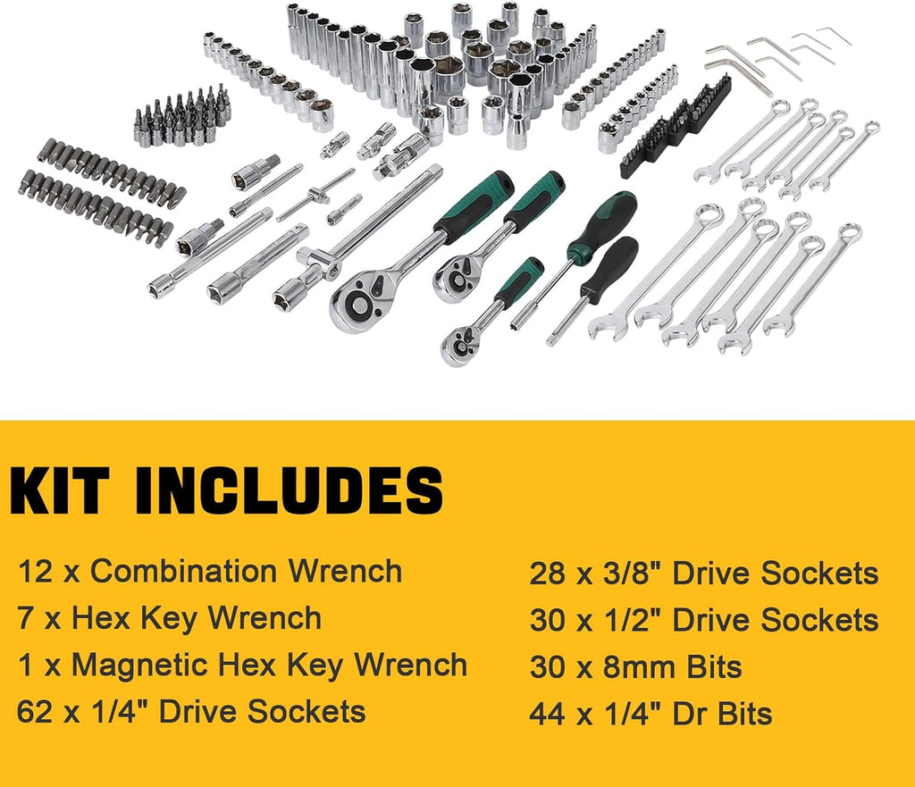 216-Piece Tool Set, Socket Wrench Set Mechanics Tools with 72-Tooth Reversible Ratchet, Tool Kit with Case for Automotive Repair, 1/4' 3/8' 1/2' Drive Socket Kit, Universal Joint, and Extension Bars