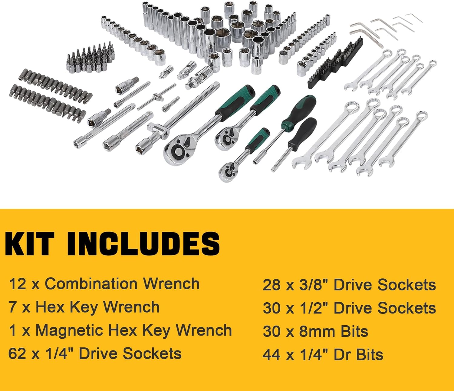 216-Piece Tool Set, Socket Wrench Set Mechanics Tools with 72-Tooth Reversible Ratchet, Tool Kit with Case for Automotive Repair, 1/4' 3/8' 1/2' Drive Socket Kit, Universal Joint, and Extension Bars