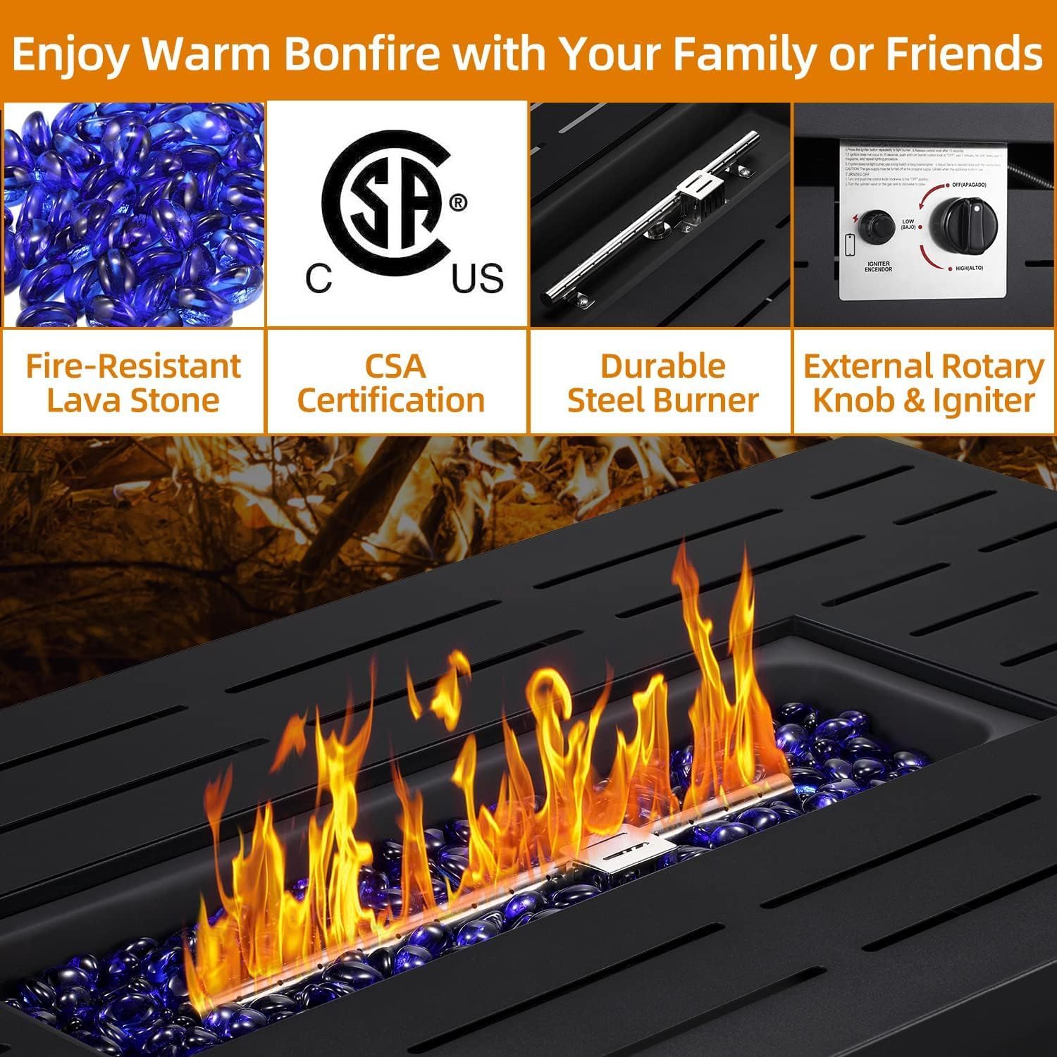 Xbeauty Propane Fire Pit Table, 42' Outdoors Gas Fire Pit Table, 50,000 BTU Auto-Ignition Fire Tables with Lid, Outside Garden Backyard Deck Patio (Square)