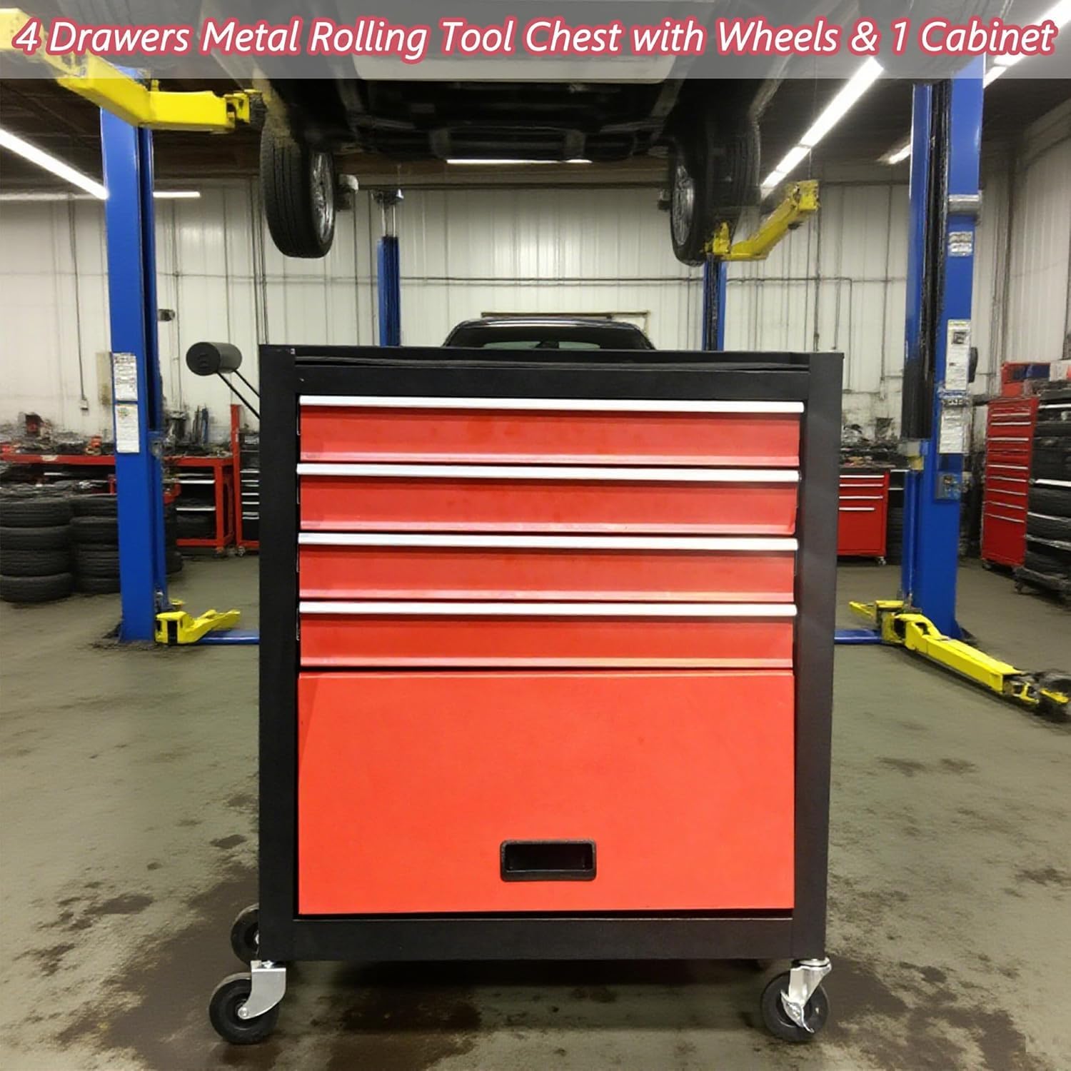 4 Drawers Metal Rolling Tool Chest on Wheels, Lockable Organizer ToolBox Tool Cart with 1 Cabinet, Multifunctional Large Capacity Trolley Tool Storage Case for Garages & Repair Shop (Black+Red)