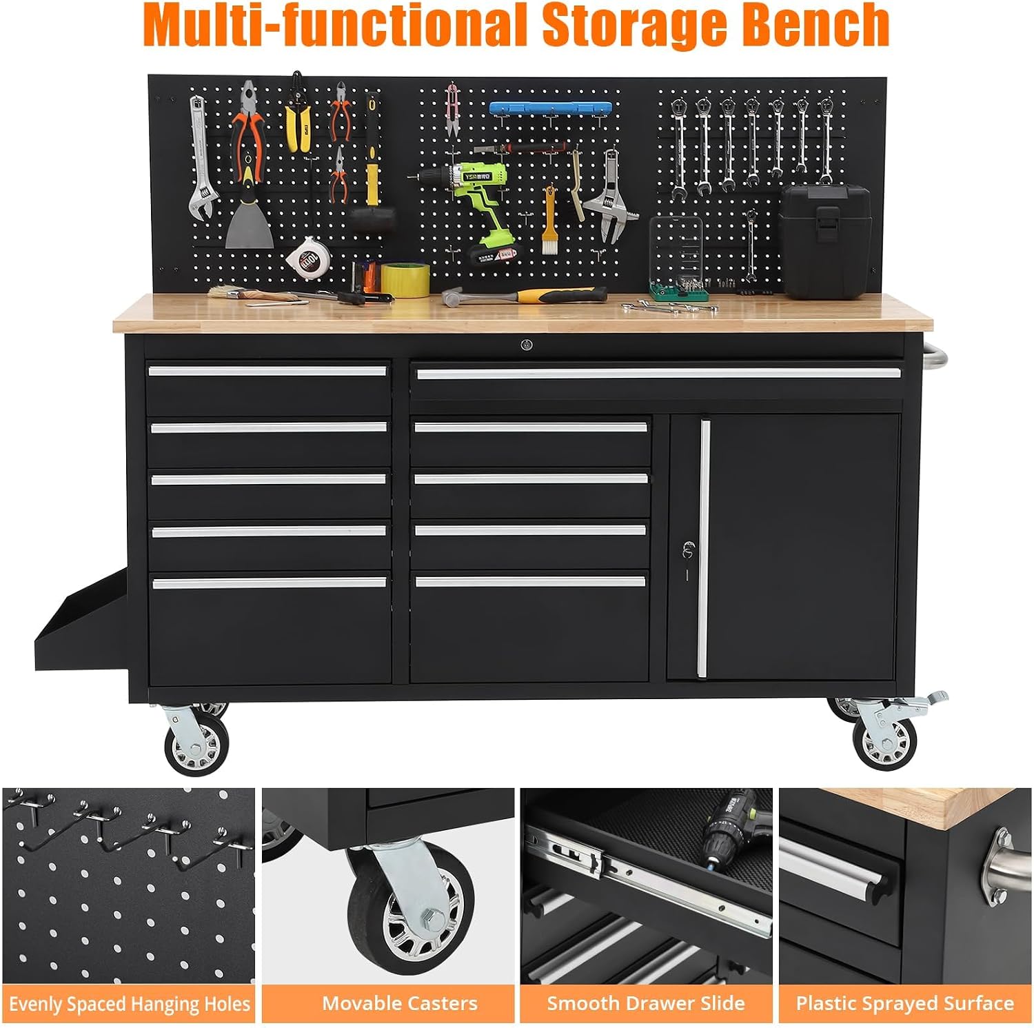 Garvee Rolling Tool Chest, 61 in Garage 10 Drawers Workbench Storage Tool Cabinet with Solid Rubber Wood Top, Power Strip, 1675 LBS Load Mobile Workstation, Heavy Duty Rolling Cabinet, Black