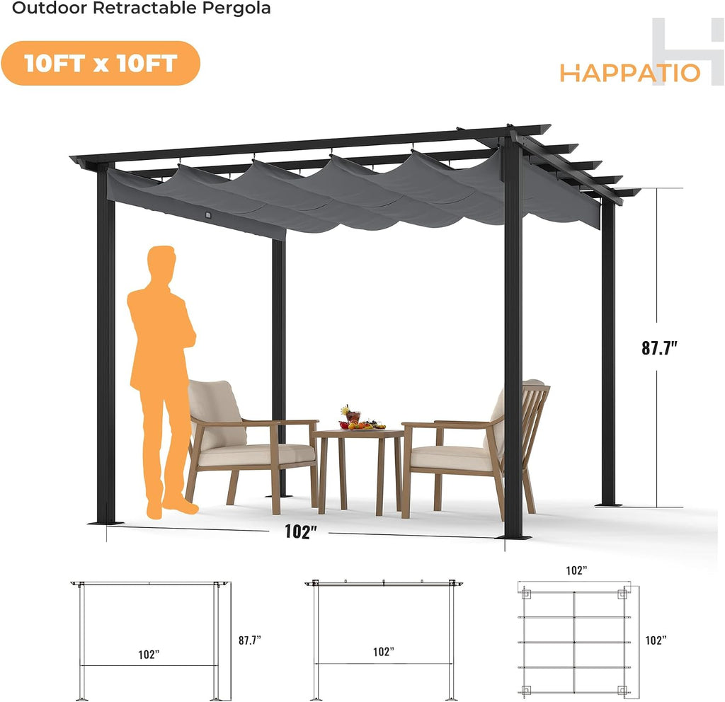 HAPPATIO 10' X 10' Retractable Pergola with Sun Shade Canopy, Patio Aluminum Frame Shelter for Backyards, Gardens, Porch, Includes Ground Studs and Expansion Screws (Grey)