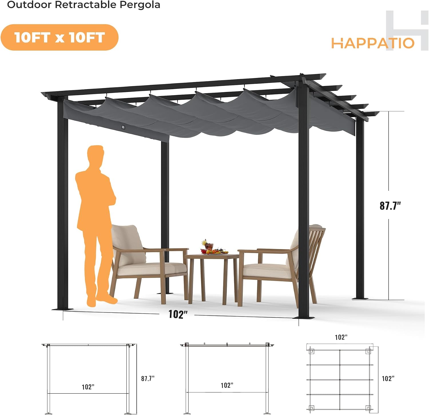 HAPPATIO 10' X 10' Retractable Pergola with Sun Shade Canopy, Patio Aluminum Frame Shelter for Backyards, Gardens, Porch, Includes Ground Studs and Expansion Screws (Grey)