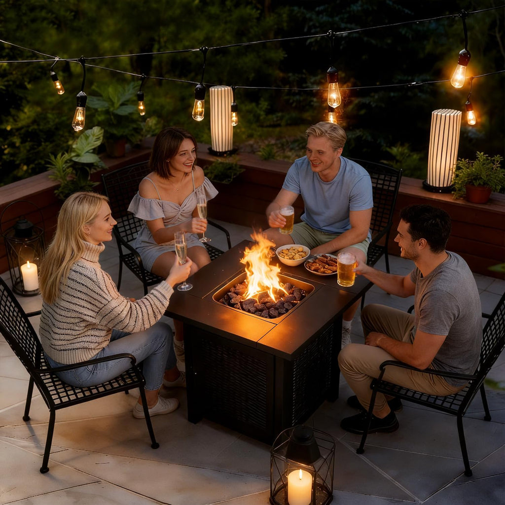 FDW 28-Inch Square Outdoor Propane Fire Pit Table, 50,000 BTU CSA Listed Gas Firepit with Lid & Lava Rock, Alloy Steel Patio Fire Pit Table for Patio Deck Garden