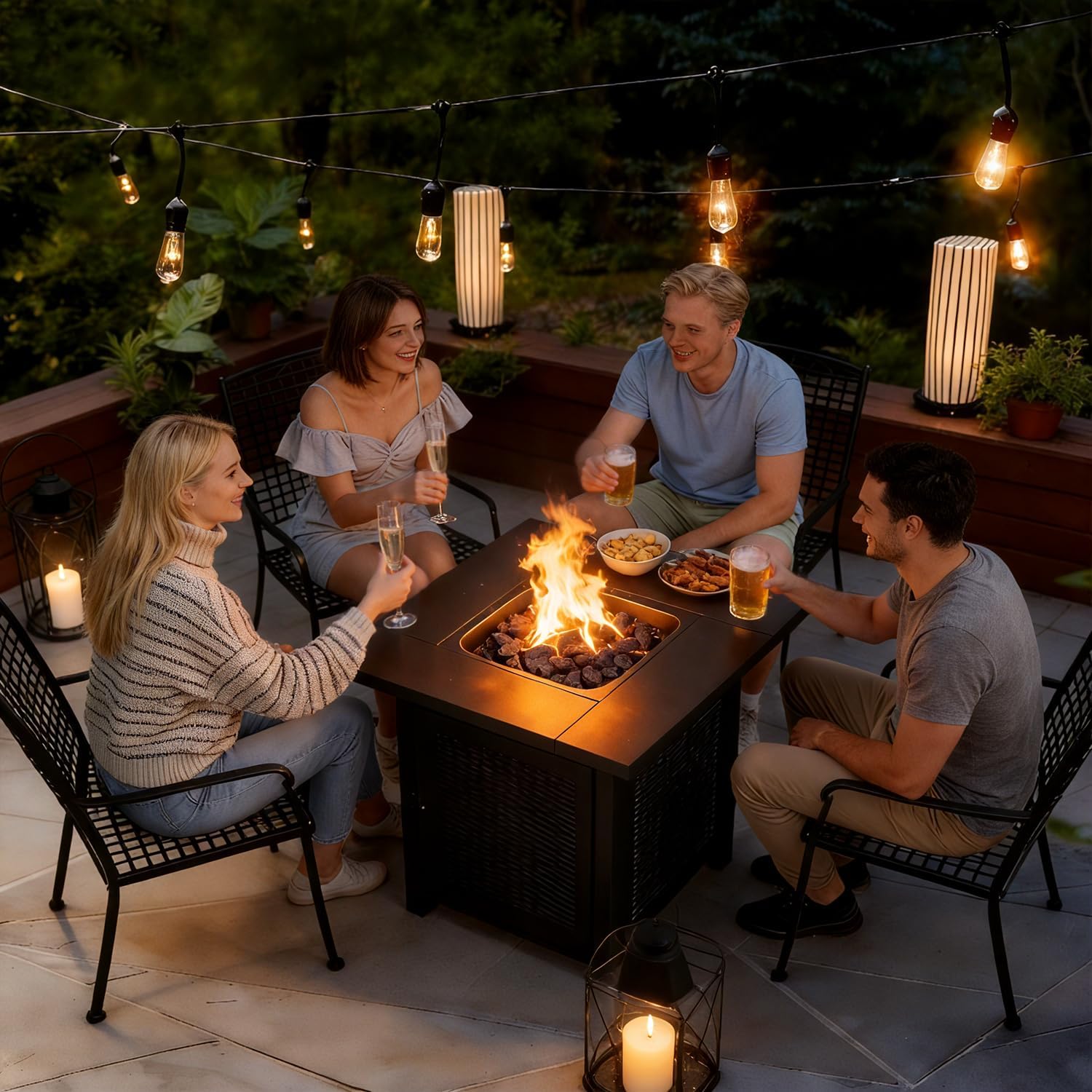 FDW 28-Inch Square Outdoor Propane Fire Pit Table, 50,000 BTU CSA Listed Gas Firepit with Lid & Lava Rock, Alloy Steel Patio Fire Pit Table for Patio Deck Garden