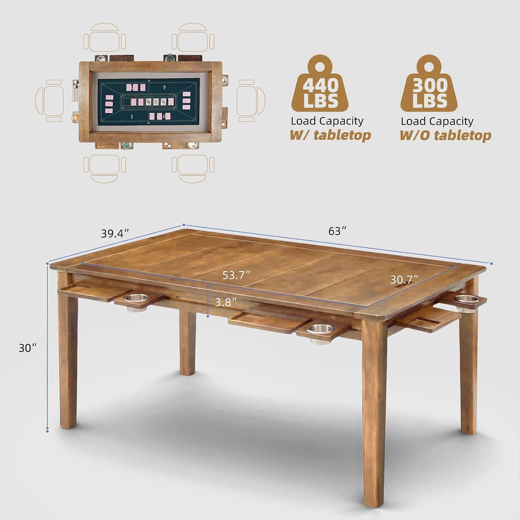 Coperat Solid Wood Board Game Table for 4-6 Players,Dining/Gaming Table w/ 54'x31' Big Gaming Space and Removable Top,Includes Game Mat, 6 Cup Holders & Hobby Tray,Rosewood