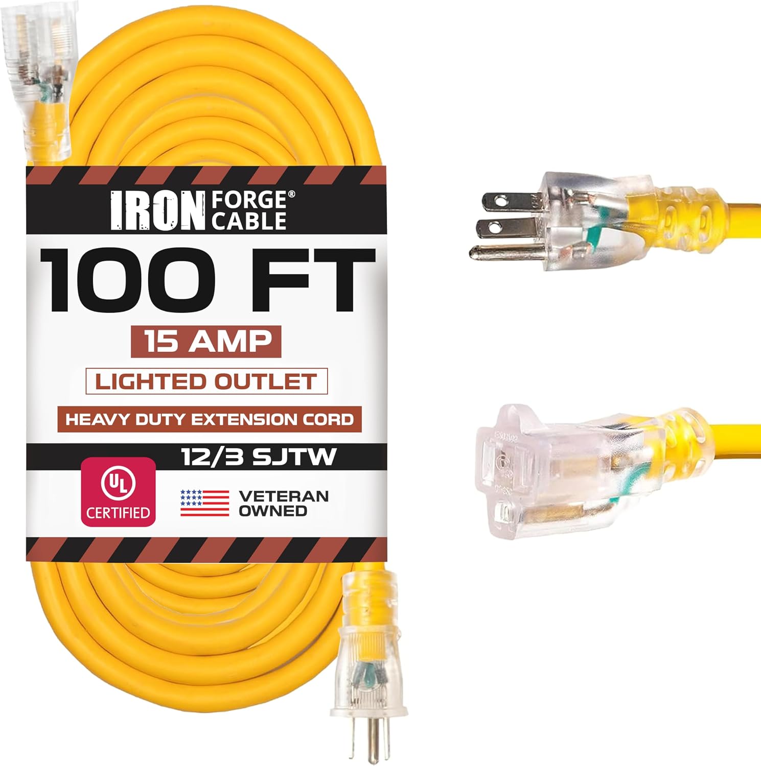 IRON FORGE CABLE 100 Foot Outdoor Extension Cord - 12/3 SJTW Heavy Duty Yellow 3 Prong Extension Cable, 15 AMP - Great for Garden and Major Appliances