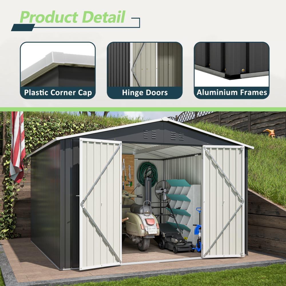 Large Outdoor Storage Shed 10x12 FT, Heavy-Duty Metal Garden Tool Organizer with Lockable Doors and Weather-Resistant Roof for Backyard (10x10 ft Black)