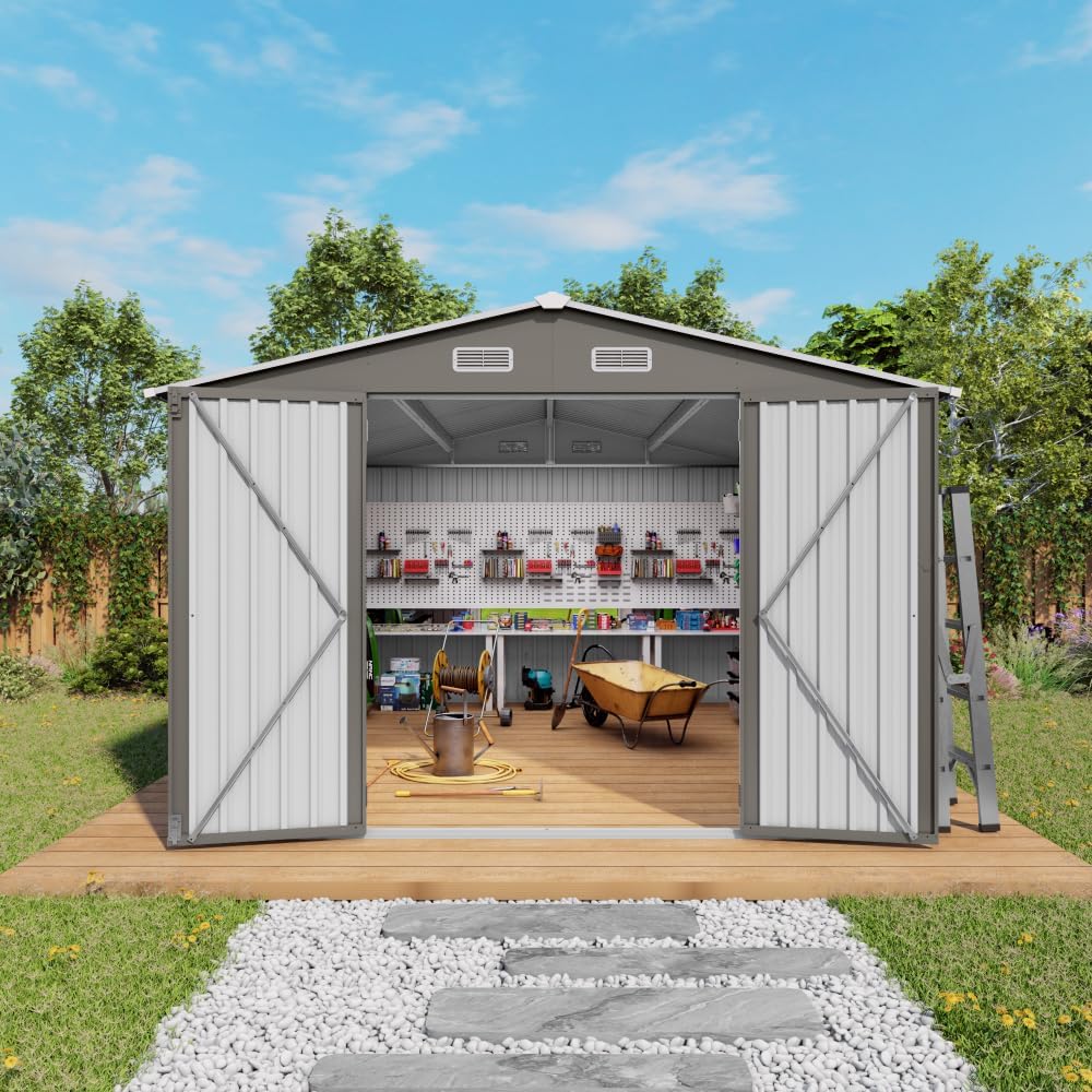 10x12 FT Outdoor Storage Shed, Large Metal Garden Shed with Double Doors & Windows, Waterproof Backyard Tool Organizer for Lawn Equipment, Mower, Outdoor Storage, Patio, Poolside, Grey