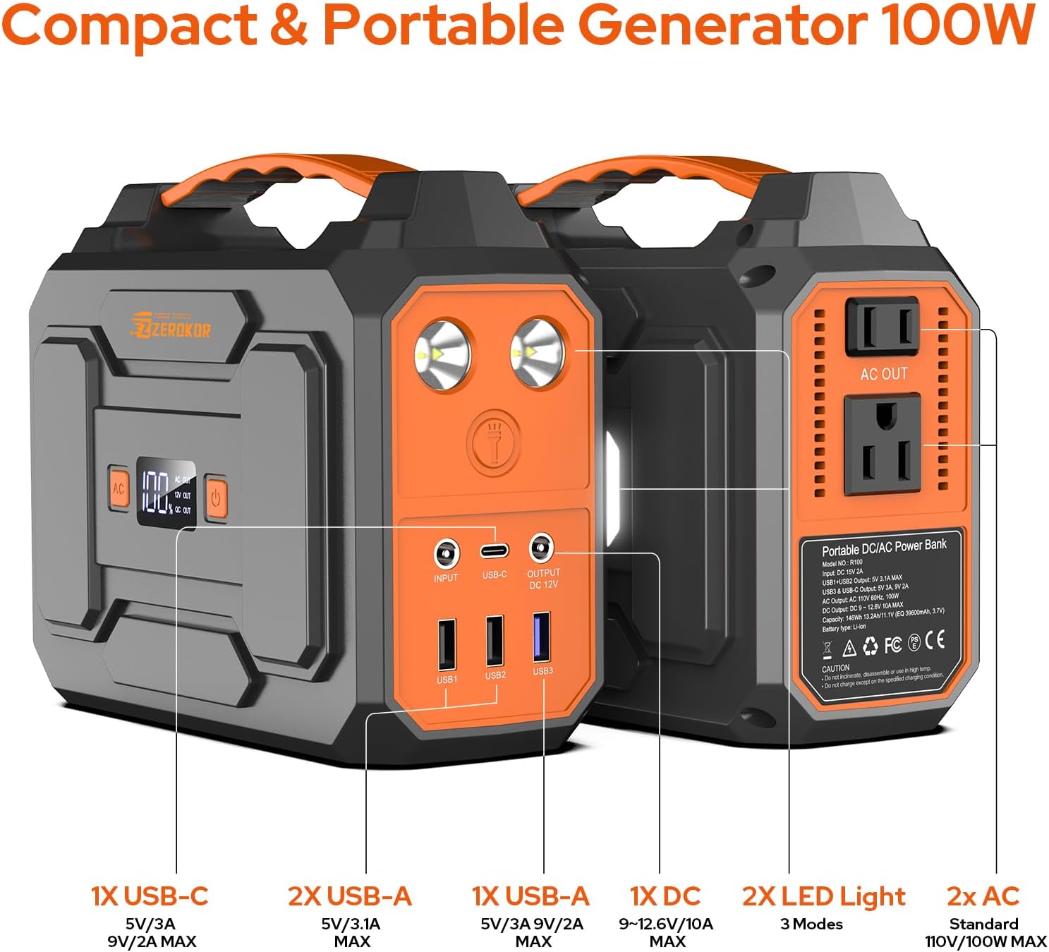 100W Portable Power Station with Foldable Solar Panel, 110V Camping Power Bank with AC Outlet, Rechargeable Battery Solar Generator Power supply for Smart Device Outdoor RV Travel, Emergency Backup