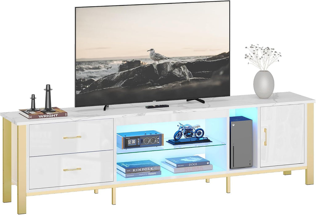Bestier TV Stand for 75/80/85 inch TVs, LED Gaming Entertainment Center, Media Console with Glass Shelves for Living Room, 2 Storage Drawers & Cabinets for Bedroom, White Glossy