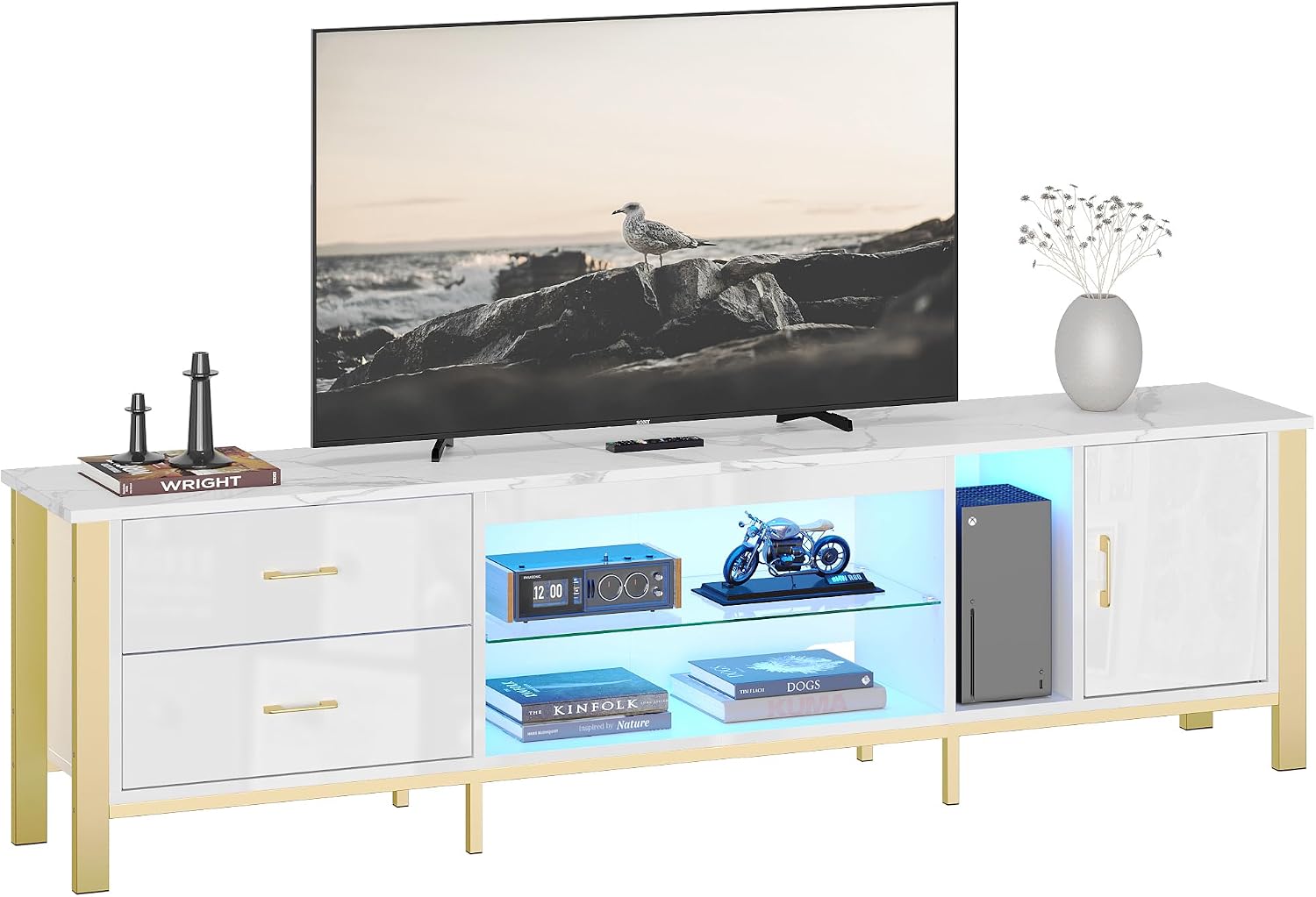 Bestier TV Stand for 75/80/85 inch TVs, LED Gaming Entertainment Center, Media Console with Glass Shelves for Living Room, 2 Storage Drawers & Cabinets for Bedroom, White Glossy