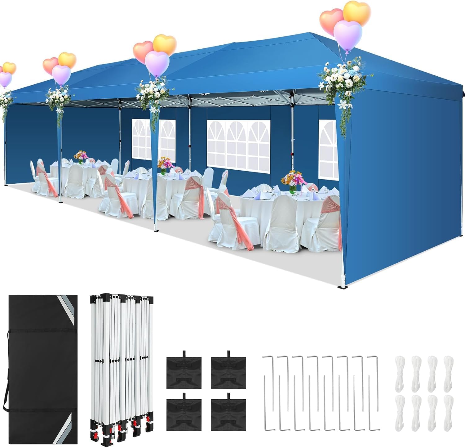 COBIZI 10x30 Pop Up Canopy Tent with 5 Sidewalls Party Tents for Parties Wedding Backyard Waterproof Outdoor Commercial Canopy Event with Sandbags, Blue