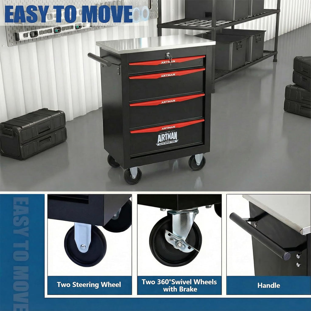 4-Drawer Rolling Tool Chest with Stainless Steel Countertop,Tool Chest with Secure Locking System,Mobile Storage Tool Cabinet with 360°Wheels and Padded Feet,for Home,Garage (Black+Red)