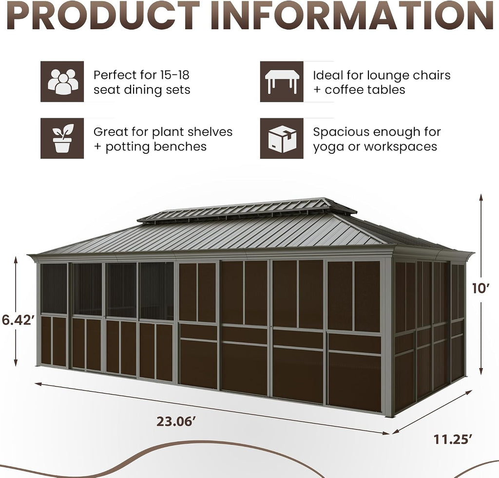 EROMMY 12' X 24' Hardtop Sunroom, Galvanized Steel Double Roof Gazebo Solarium with Detachable Windows & Lockable Doors, All-Weather Sun Room for Patio Deck Backyard