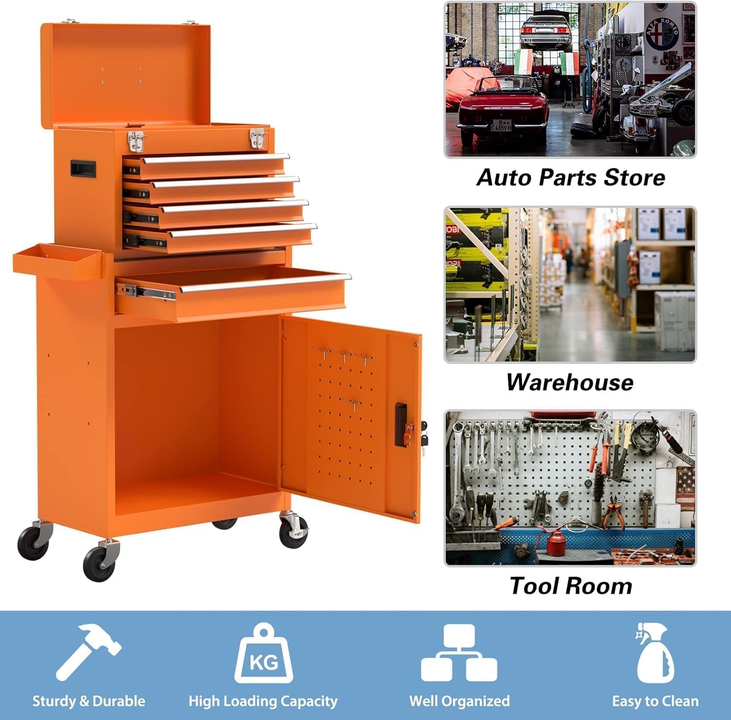 5-Drawer High Capacity Rolling Tool Chest, Removable Toolbox on Wheels Organizers, Lockable Tool Box Tool Storage Cabine with Drawers and Wheels for Workshop and Warehouse（5-Drawer, Orange）