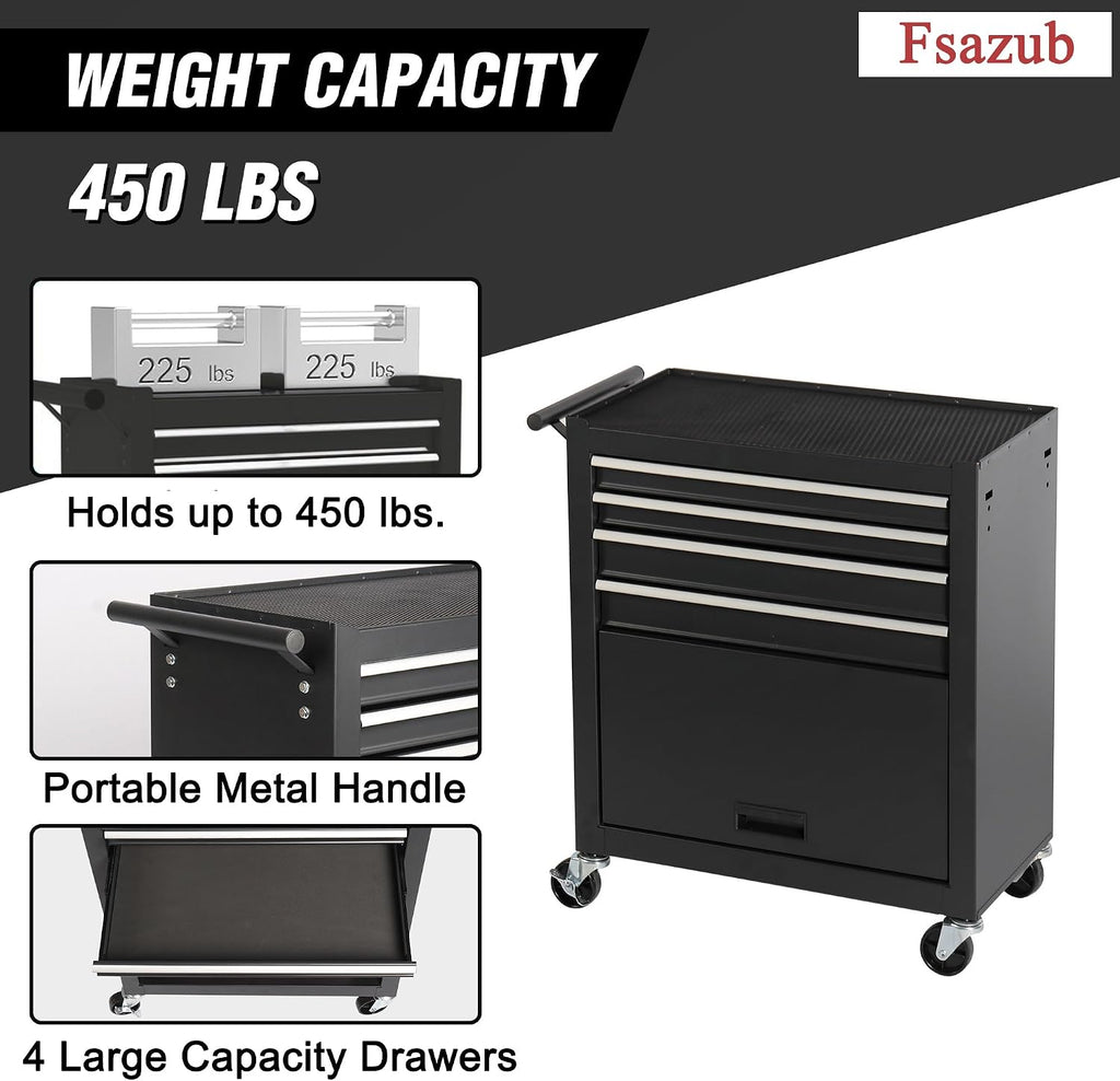 4 Drawers Metal Rolling Tool Chest on Wheels with Lockers, Tool Box Tool Trolley Organizer Cart, Multifunctional Drawers Rolling Storage Tool Case for Garage, Repair Shop(BLACK)