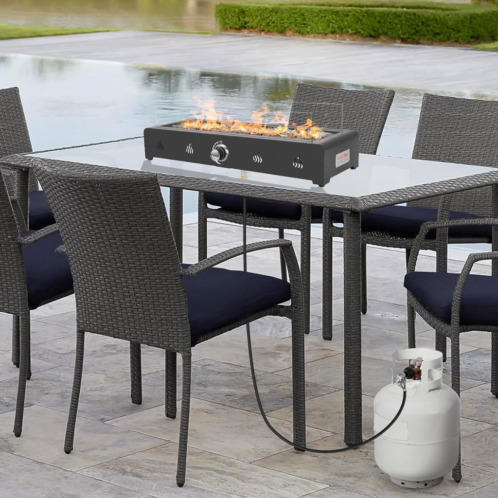 Onlyfire 28'' Tabletop Fire Pit Table, Propane Gas Firepit Bottom Mounted for Table with Umbrella Hole, Glass Wind Guard and Lava Rock, Outdoor Rectangular Smokeless Fireplace