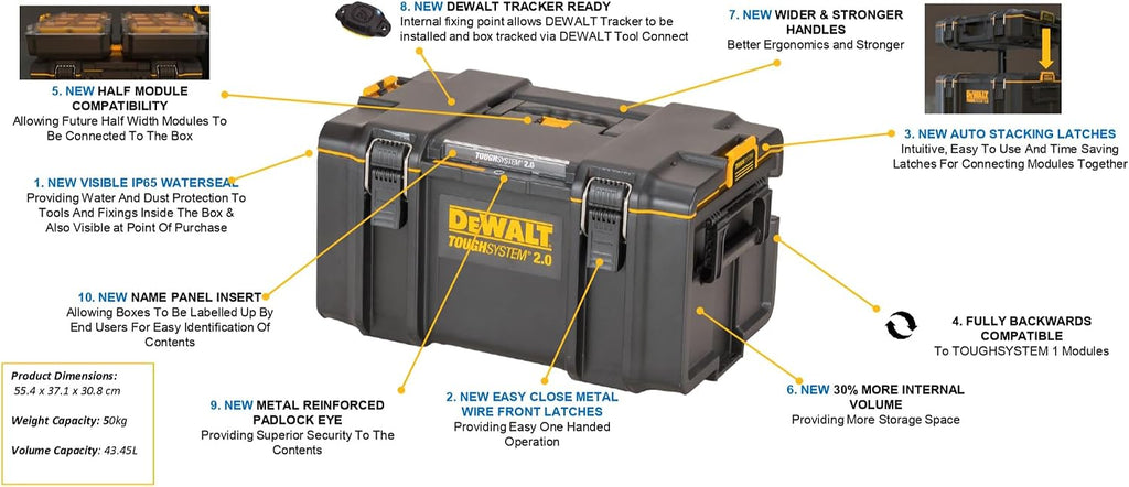 Durable DS300 toolbox with IP65 seal, 50kg load, auto-latching, removable tray, and tracker-ready design—ideal for secure, stackable jobsite tool storage.