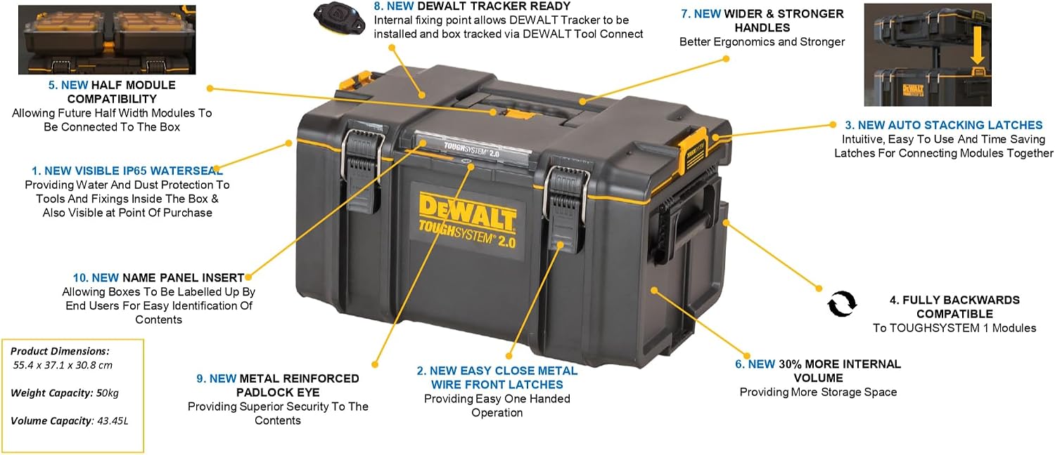 Durable DS300 toolbox with IP65 seal, 50kg load, auto-latching, removable tray, and tracker-ready design—ideal for secure, stackable jobsite tool storage.