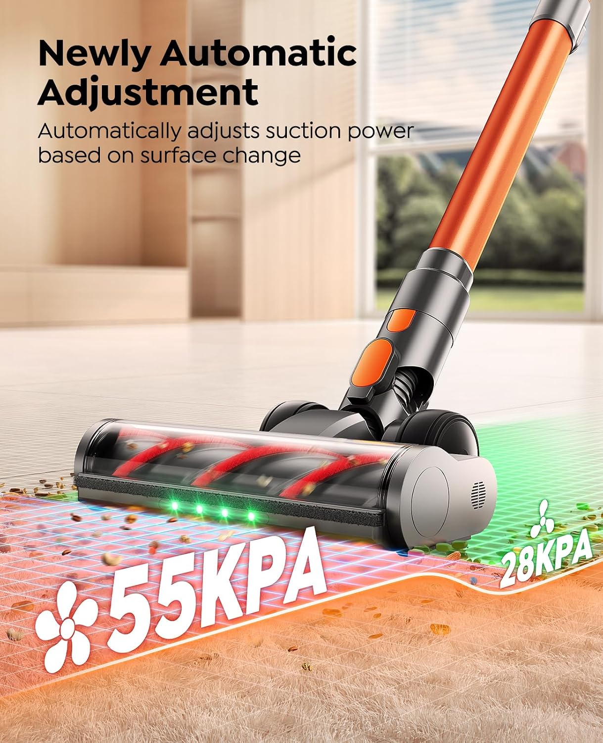 Fieety Cordless Vacuum Cleaner, 650W/55KPa/70Min Runtime Stick Vacuum with 3.3Ft Hose, Wall Mount Charging, Auto Mode, Touchscreen, Self-Standing Vacuum Cleaner for Home/Pet Hair/Carpet/Car, Fragrance