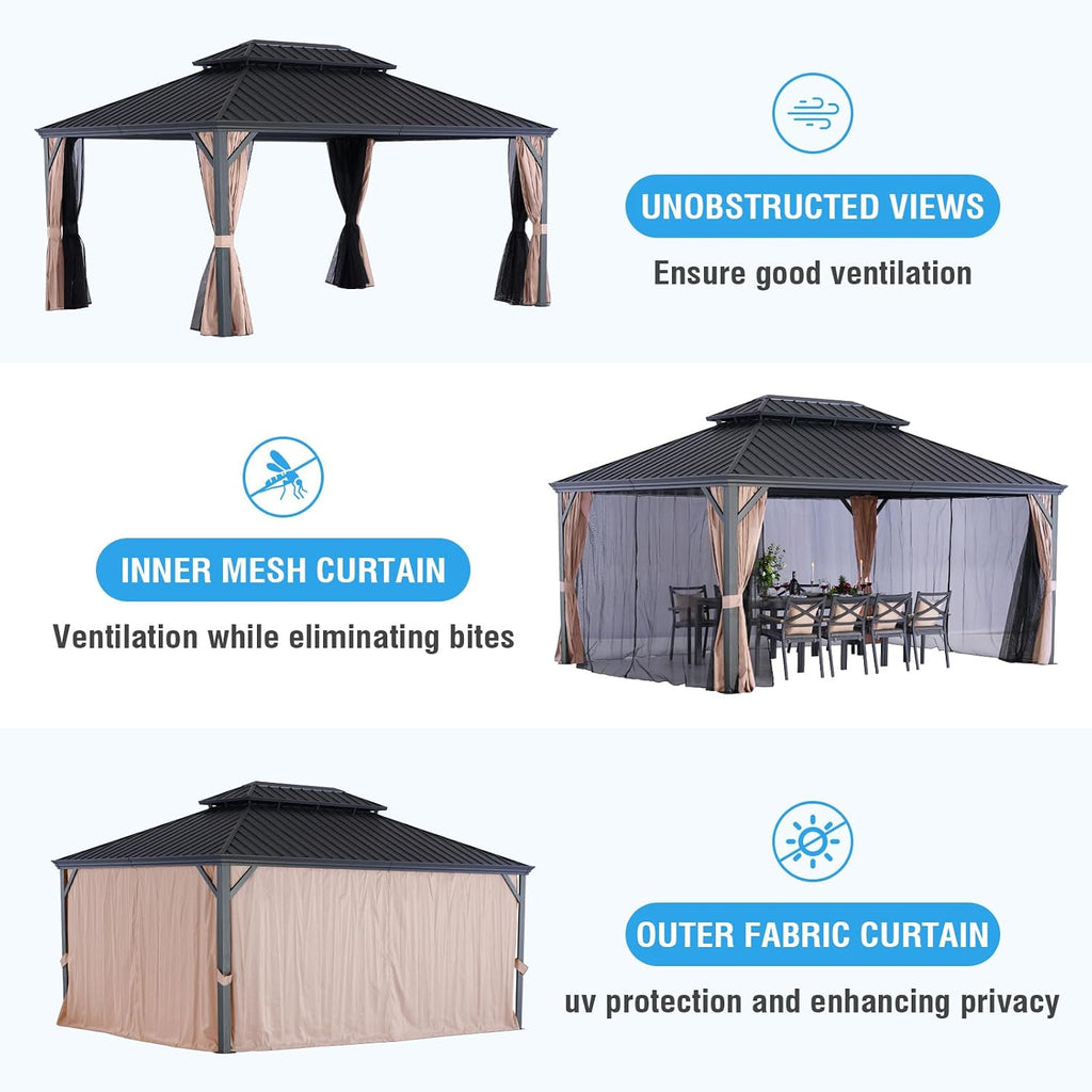 LeDoasis Blazar Hardtop Gazebo 12' X 16' with Nettings and Curtains, Outdoor Canopy for Patio Lawn and Garden, Vertical Stripes Galvanized Steel Double Roof Canopy