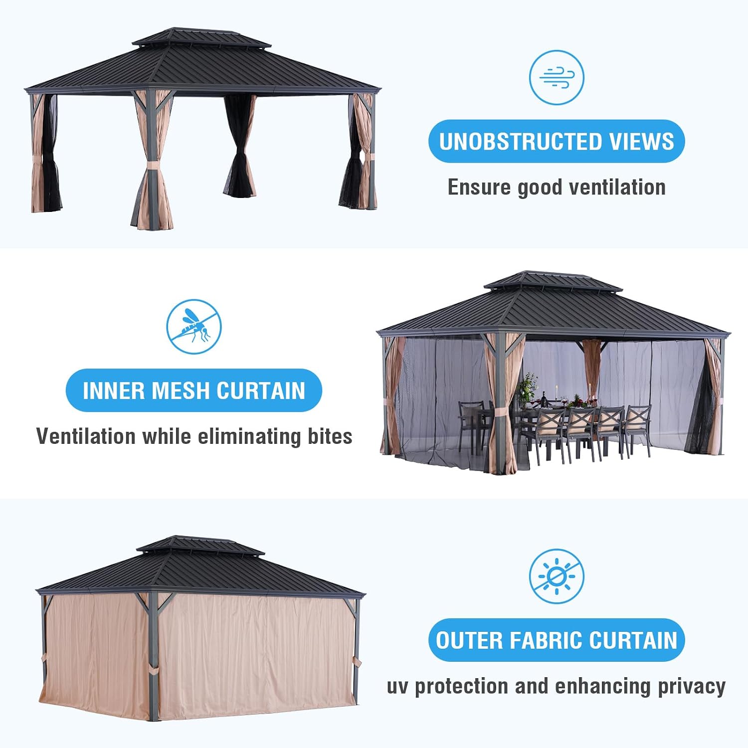 LeDoasis Blazar Hardtop Gazebo 12' X 16' with Nettings and Curtains, Outdoor Canopy for Patio Lawn and Garden, Vertical Stripes Galvanized Steel Double Roof Canopy