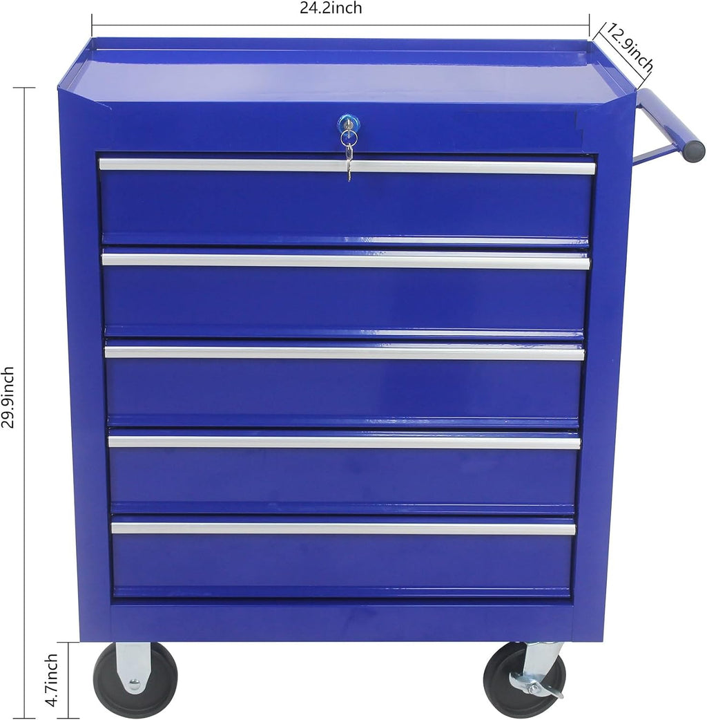 CuisinSmart Tool Cart on Wheels, 5 Lockable Drawers Storage Cabinet Cart Rolling Tool Chest for Warehouse, Garage, Workshop Simple Assembly-Blue