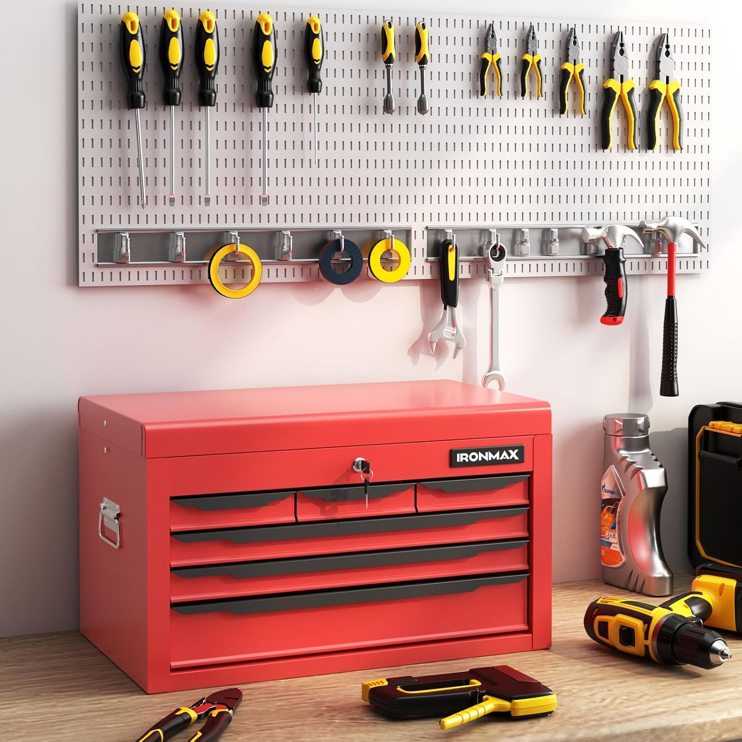 ERGOMASTER Steel Tool Box, 24'' Metal Tool Box with 6 Drawers, Lockable Heavy Duty Tool Chest Cabinet Storage Toolbox for Garage, Workshop, Repair Shop (Red-6 Drawers)