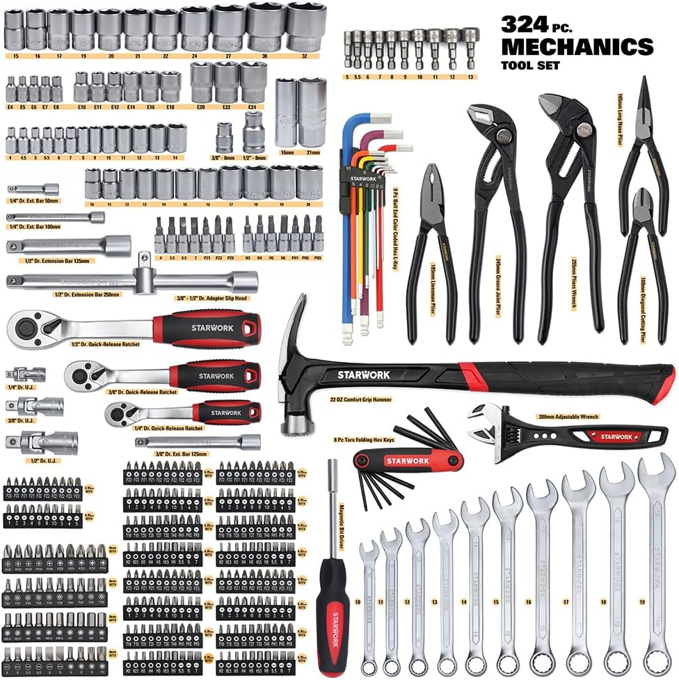 STARWORK TRUE MECHANIC™ 324-Piece Mechanics Tool Set and Socket Set with 22oz Dragon One-Piece Rip Hammer w/Grip, Professional