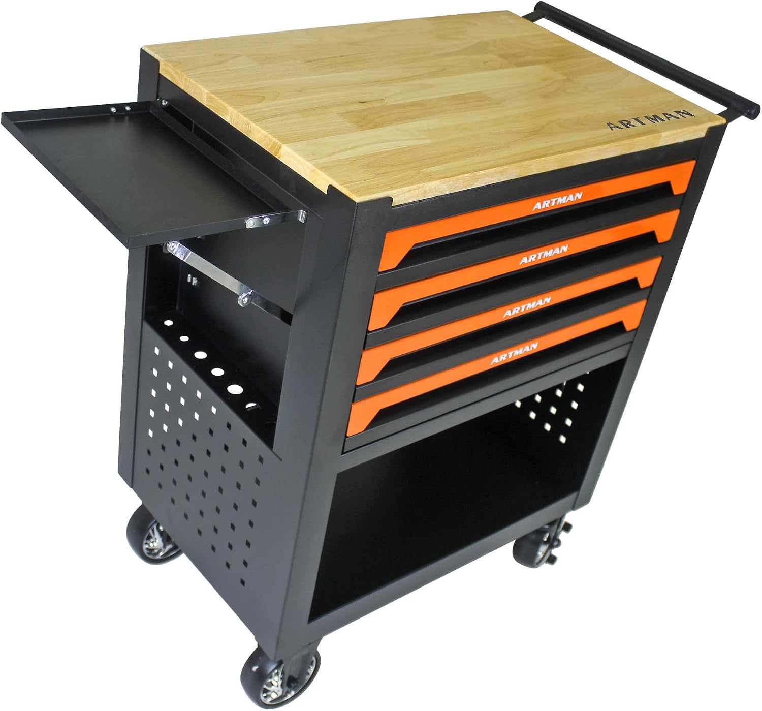 4 Drawers Tool Chest on Wheels,Tool Storage Cart with Wooden Top,Drawers Rolling Tool Box Organizer Tool Case with Lock for Garage,Warehouse,Workshop,Repair Shop (4 Drawers-35.4'H-Black&Orange)