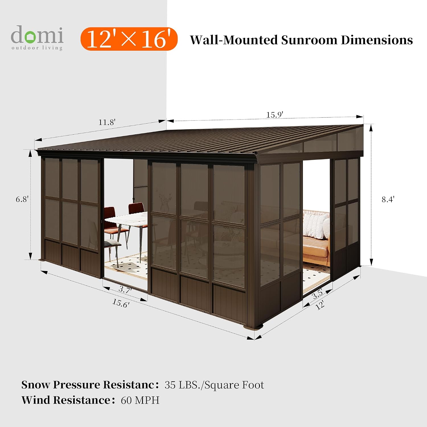 Domi 12x16FT Sunroom, Wall Mounted Sunroom Kit with Galvanized Steel Sloping Roof, Outdoor Sunroom Gazebo with Detachable PC Screen, 3 Sliding Double Doors, Lean to Sun Room for Patio, Deck