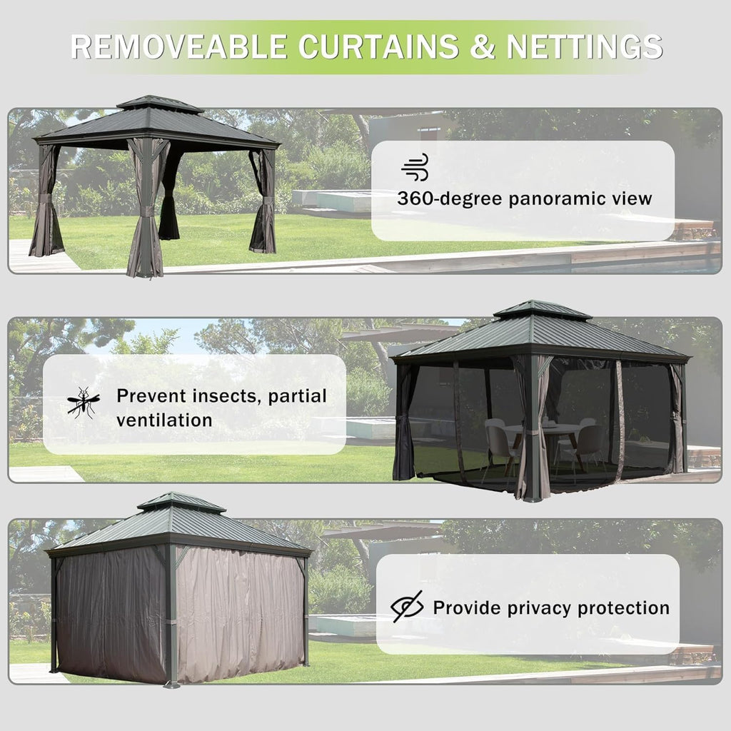 Domi 12x16FT Outdoor Gazebo, Hardtop Gazebo with Galvanized Steel Double Roof, Metal Gazebos with Drainage System Patio Pergola for Patio Deck Backyard,Curtain and Netting,Gray
