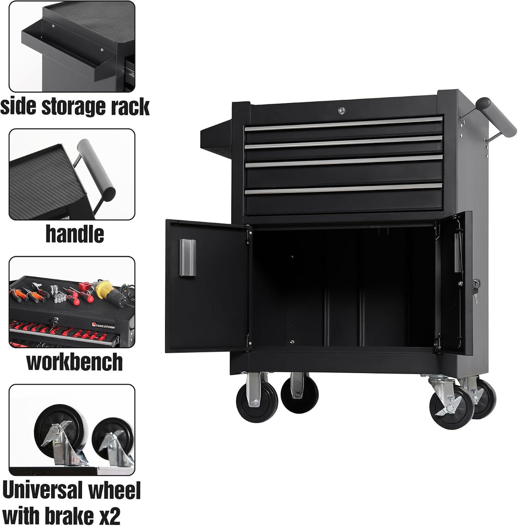 4-Drawer Rolling Tool Chest with Cabinet, Heavy Duty Metal Tool Box on Wheels, Lockable Rolling Tool Cabinet with Drawers & Doors, Garage Tool Storage Organizer for Workshop, Repair Shop
