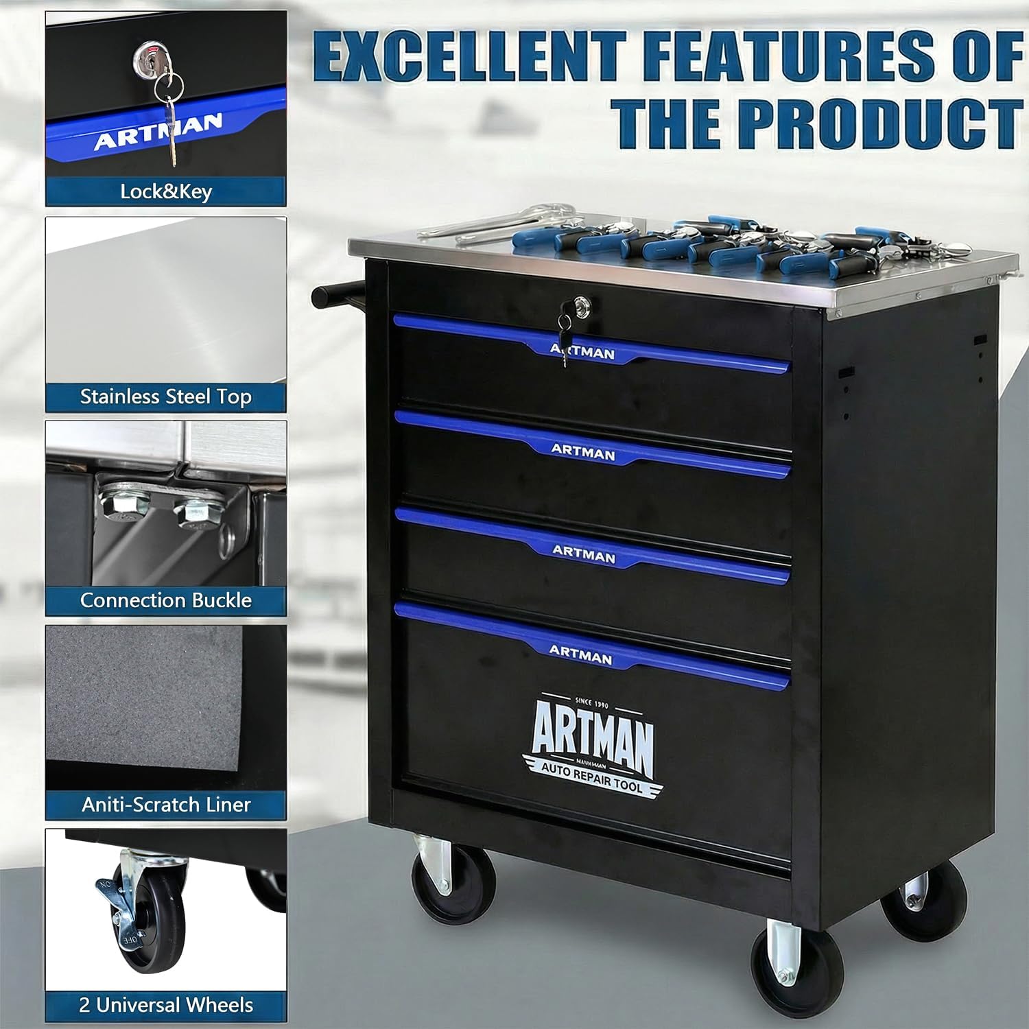 4-Drawer Rolling Tool Chest, Stainless Steel Countertop Mobile Tool Cabinet with Key Lock, 360° Swivel Wheels & Padded Feet, Portable Tool Storage Box for Home Garage Workshop, Black & Blue
