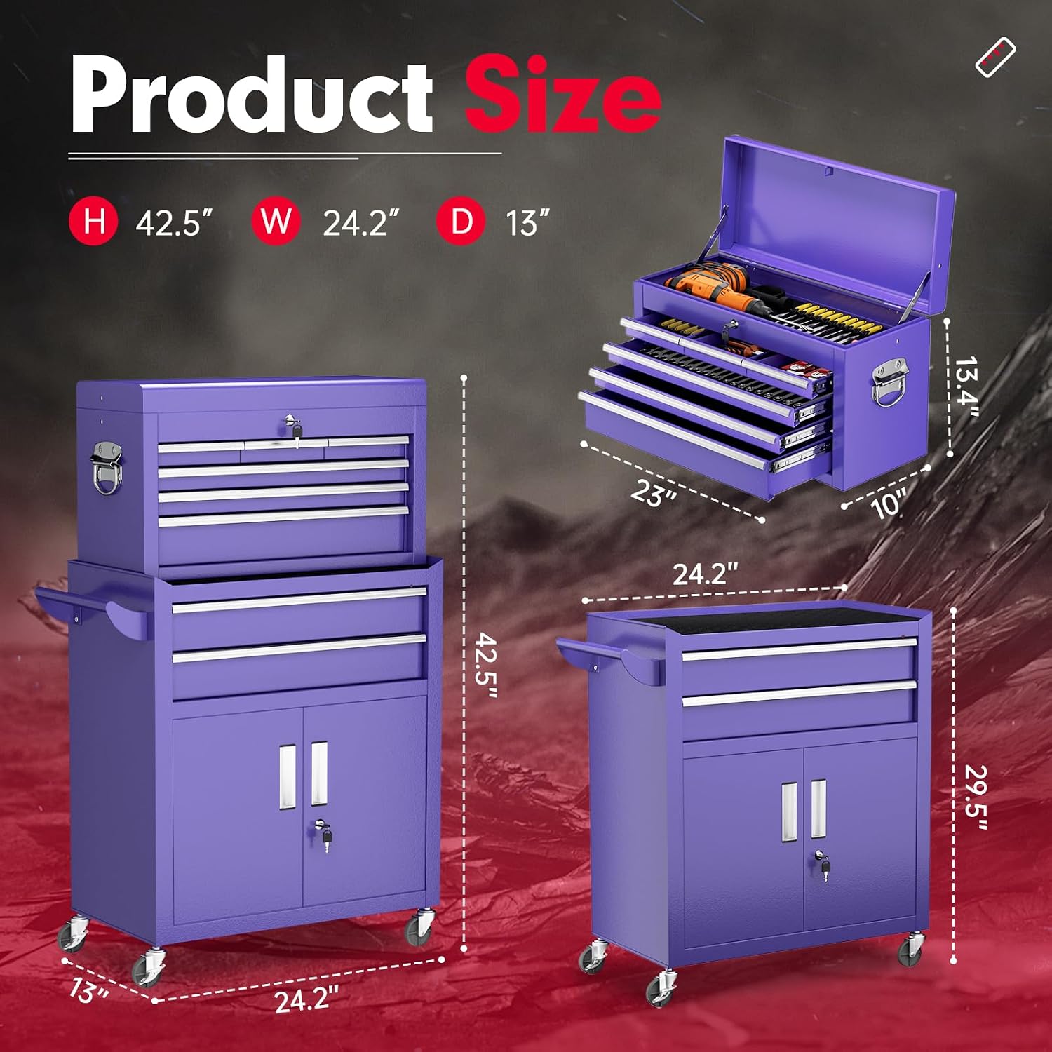Superday Metal Tool Chest, 8 Drawer Rolling Tool Chest with Wheels, Detachable Tool Storage Cabinet with Lock for Garage, Steel Tool Cart with Liner & Hooks for Workshop, Warehouse (Purple)