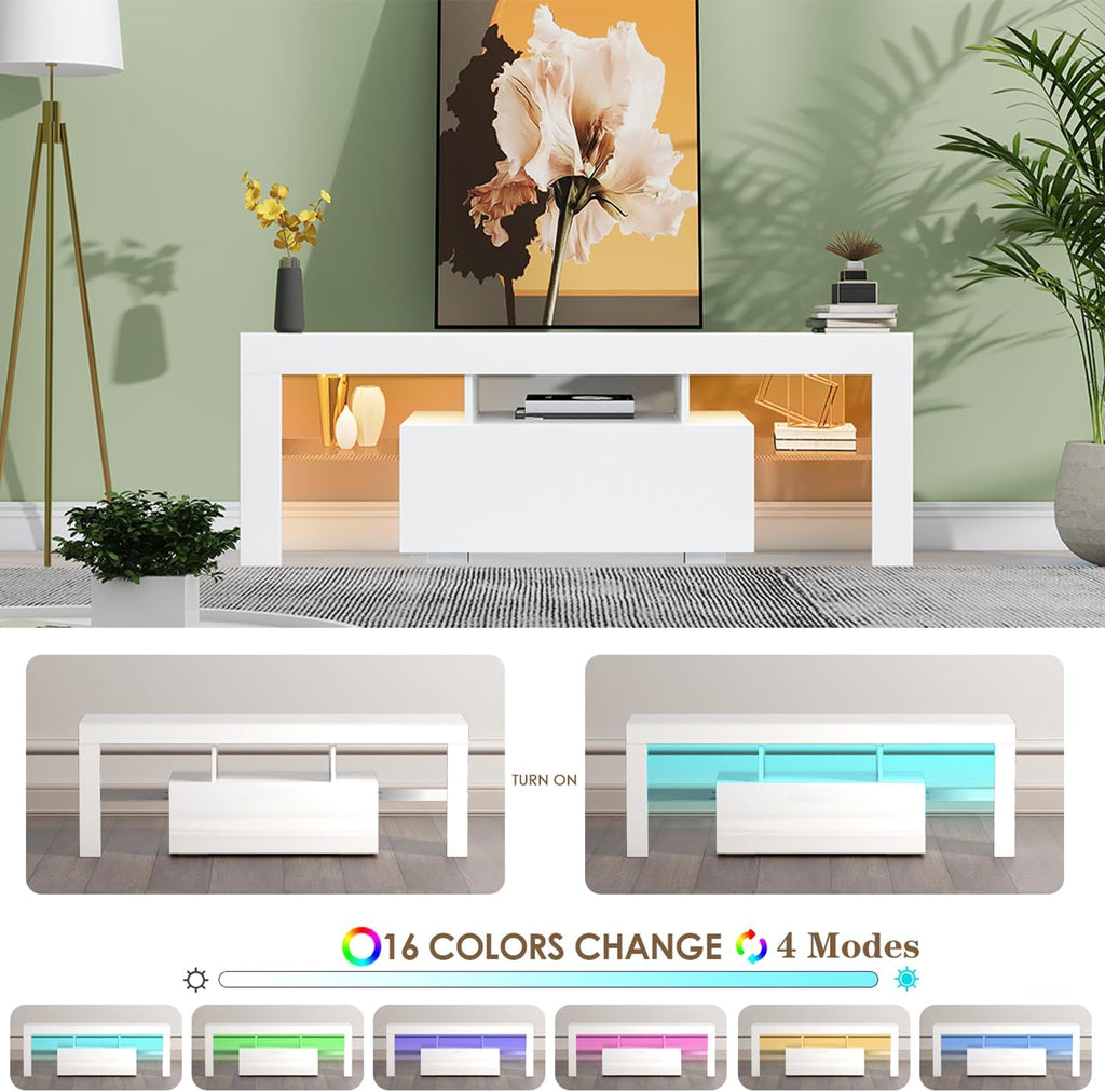 HOUAGI LED TV Stand for 32-55 Inch TV,Modern High Gloss Entertainment Center w/Storage Drawer and Color Changing Lights Video Gaming,Movies,Home Decor White-2