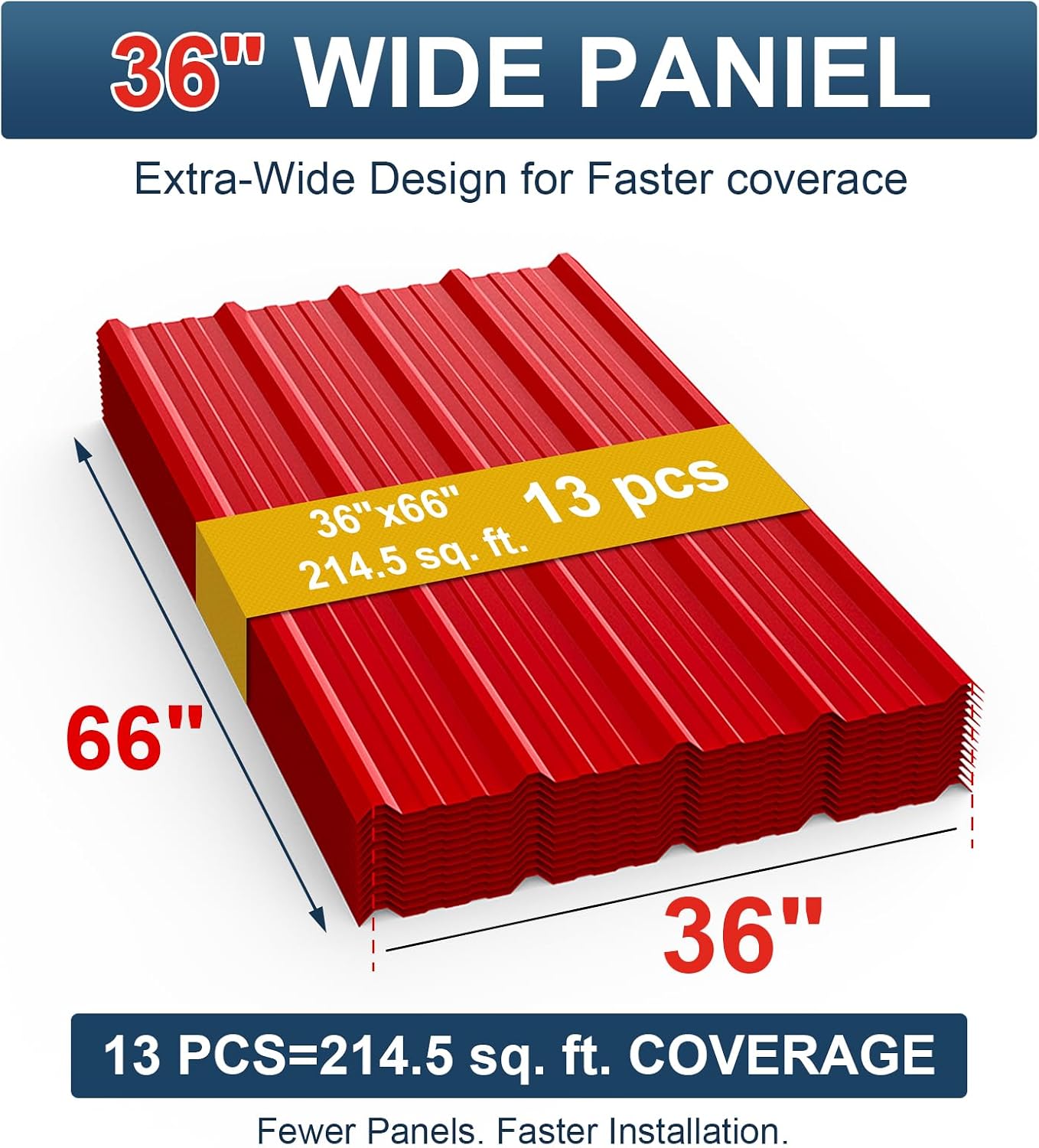13 Pack PPGI Metal Roofing Panels, 66' x 36', 28 Gauge, 214 Sq. Ft. Coverage, Prepainted Galvanized Steel Sheets for Residential, Commercial, Pergolas, Gazebos, Fencing, and Patio Roofs（Red）