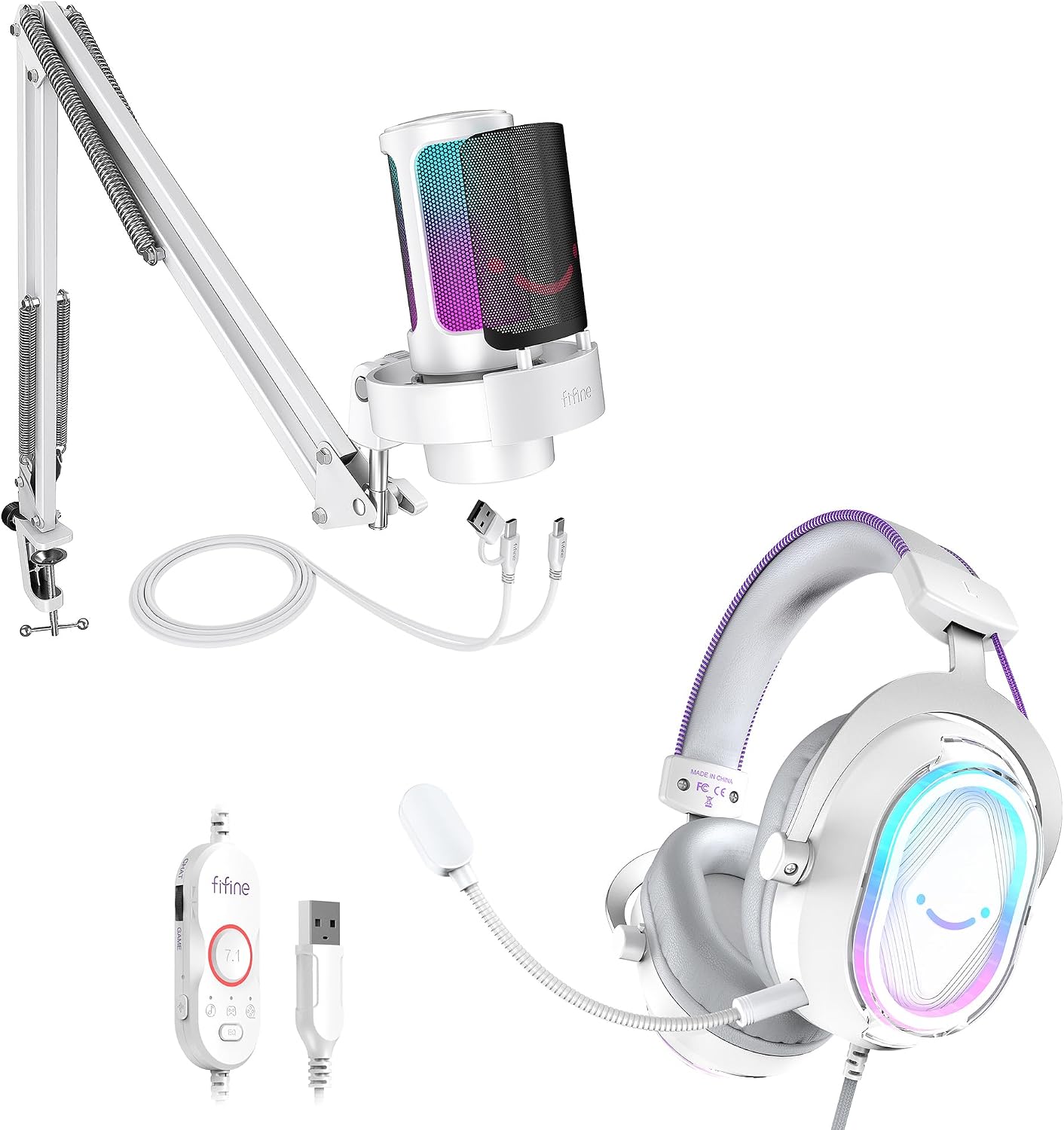 FIFINE USB Gaming Equipment Bundle with Microphone and Headset, Over-Ear Headset with Control Box, Soft Ear Pads and RGB Condenser Mic Kit for Streaming, Compatible for Window/Mac-A8TW+H13WP