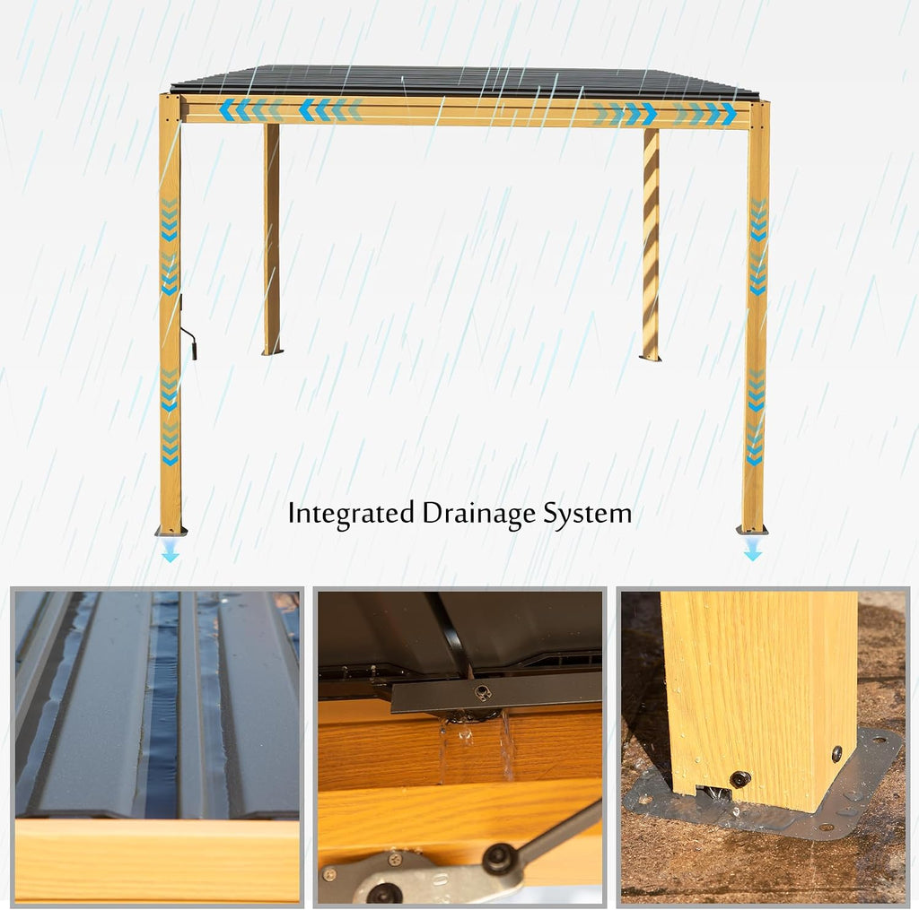 Domi Louvered Pergola 10x10FT, Outdoor Wood Grain Pergola Aluminum Frame with Adjustable Rainproof Metal Roof, Permanent Sun Shade with Drainage System for Deck Garden Yard