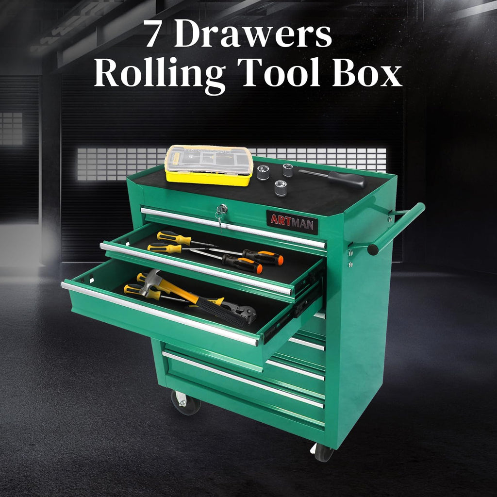 Rolling Tool Chest with 7-Drawer Tool Box with Wheels Multifunctional Tool Cart Mechanic Tool Storage Cabinet for Garage, Warehouse, Workshop, Repair Shop (Green)