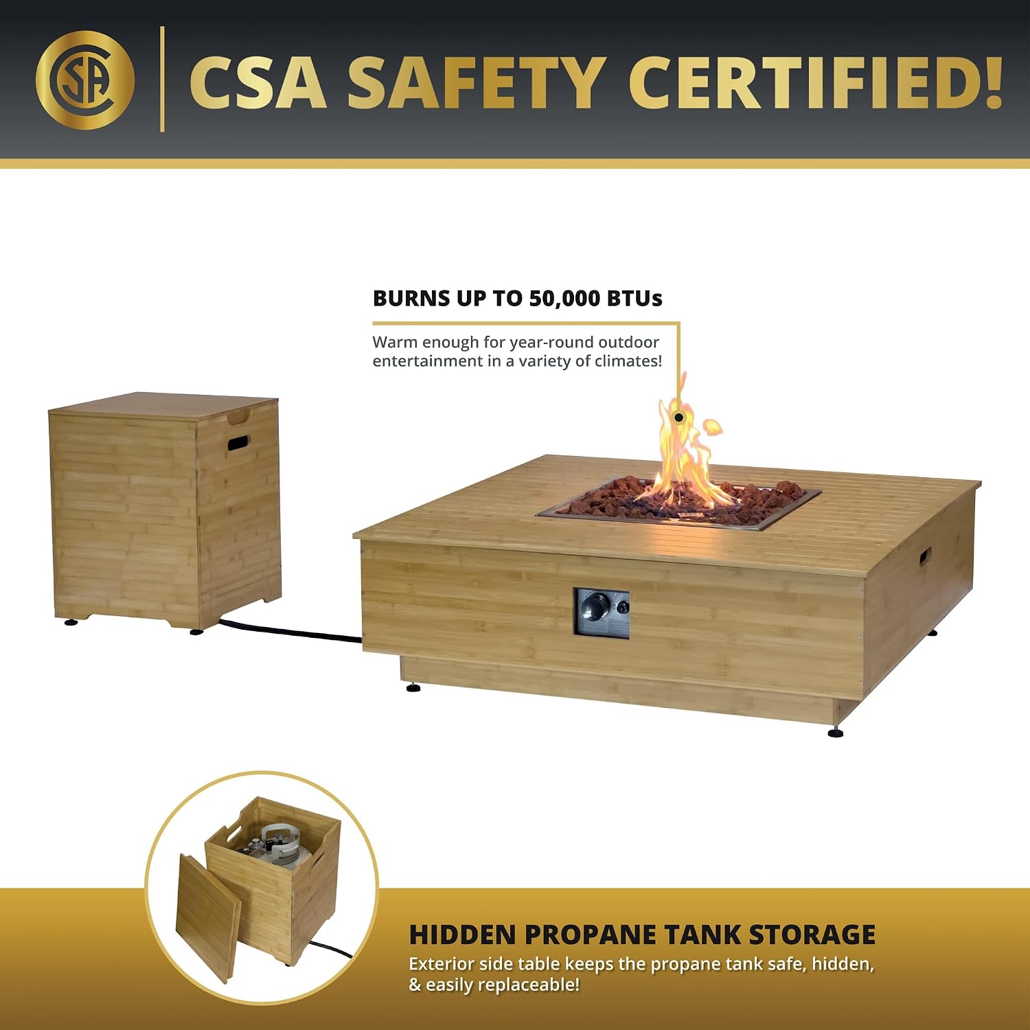 43' Gas Fire Pit Table with Propane Tank Cover Table Wood Grain Design Square Includes Lava Rocks and Weatherproof Cover for Outdoor Patios Parties Garden 50,000 BTUs CSA Certified