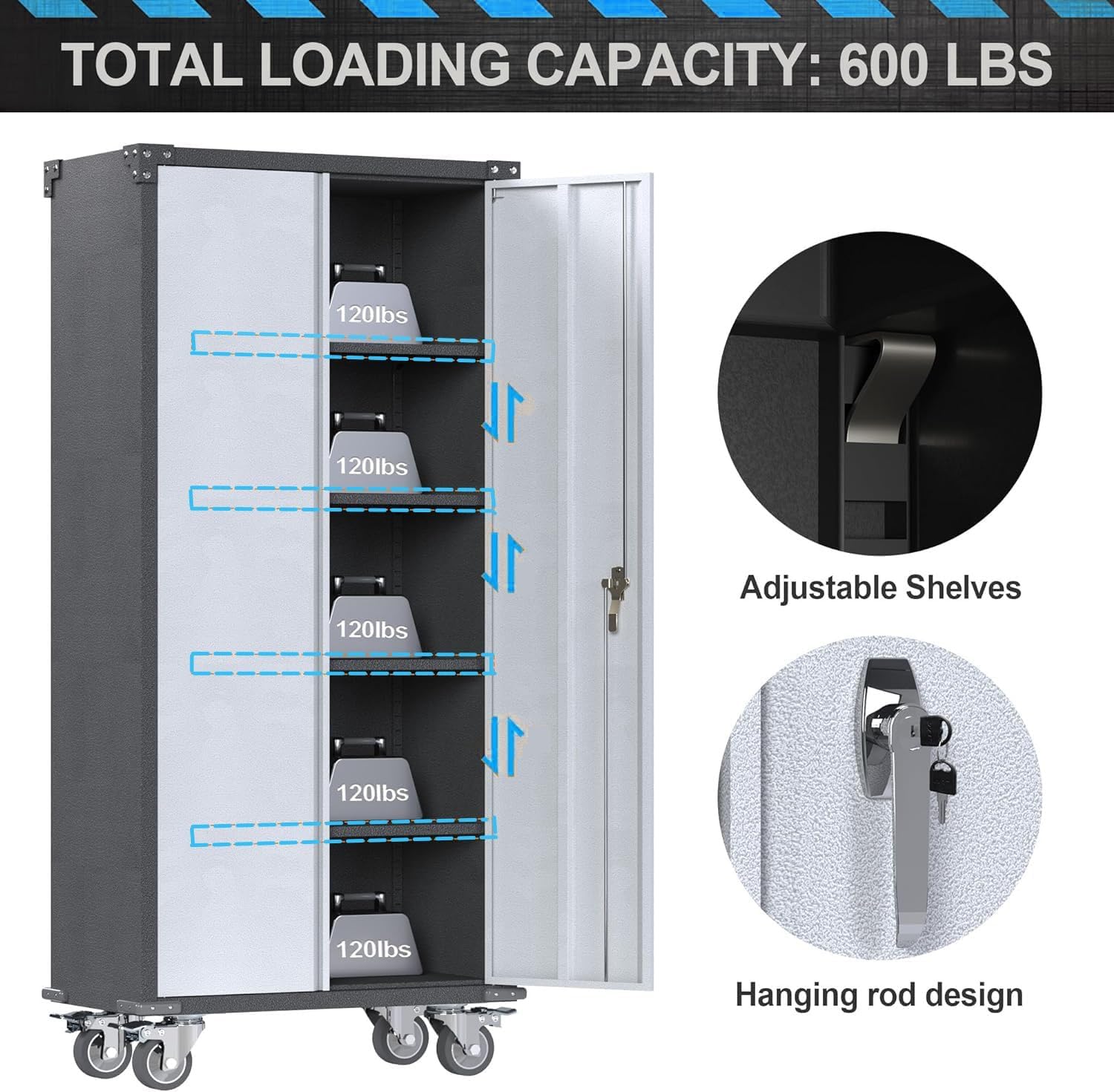 Rolling Garage Storage Cabinet with Locking Door and Shelves, 71''H Lockable Metal Storage Cabinet on Wheels, Steel Tool Cabinet for Warehouse, Basement, Utility Room, Black&Gray