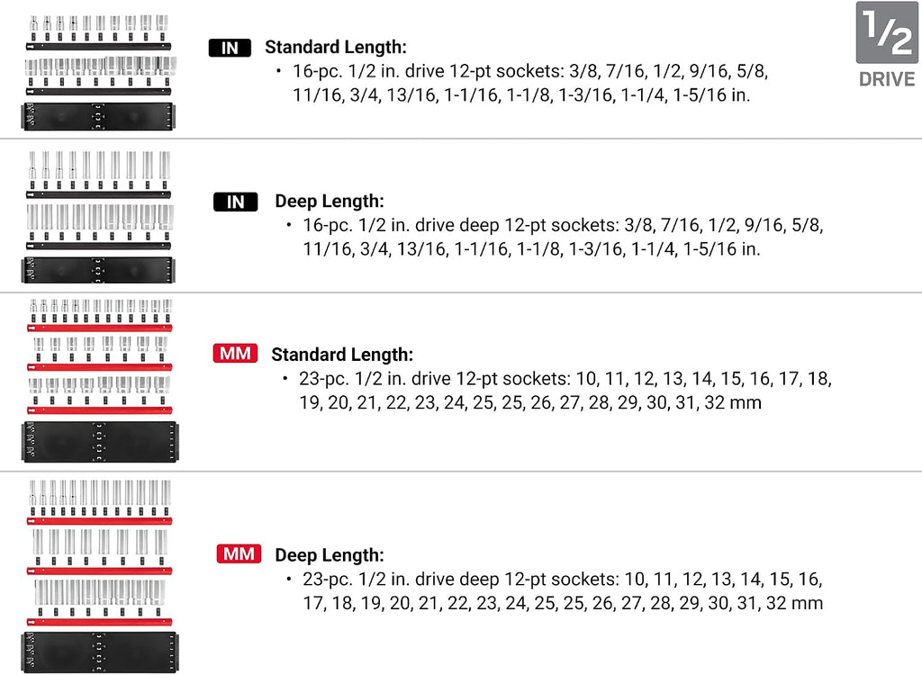 TEKTON 1/4, 3/8, 1/2 Inch Drive 6-Point Socket Set with Rails and Trays (214-Piece) | SHD99202